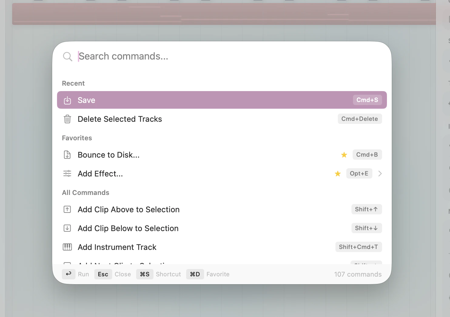 Command palette open with search results