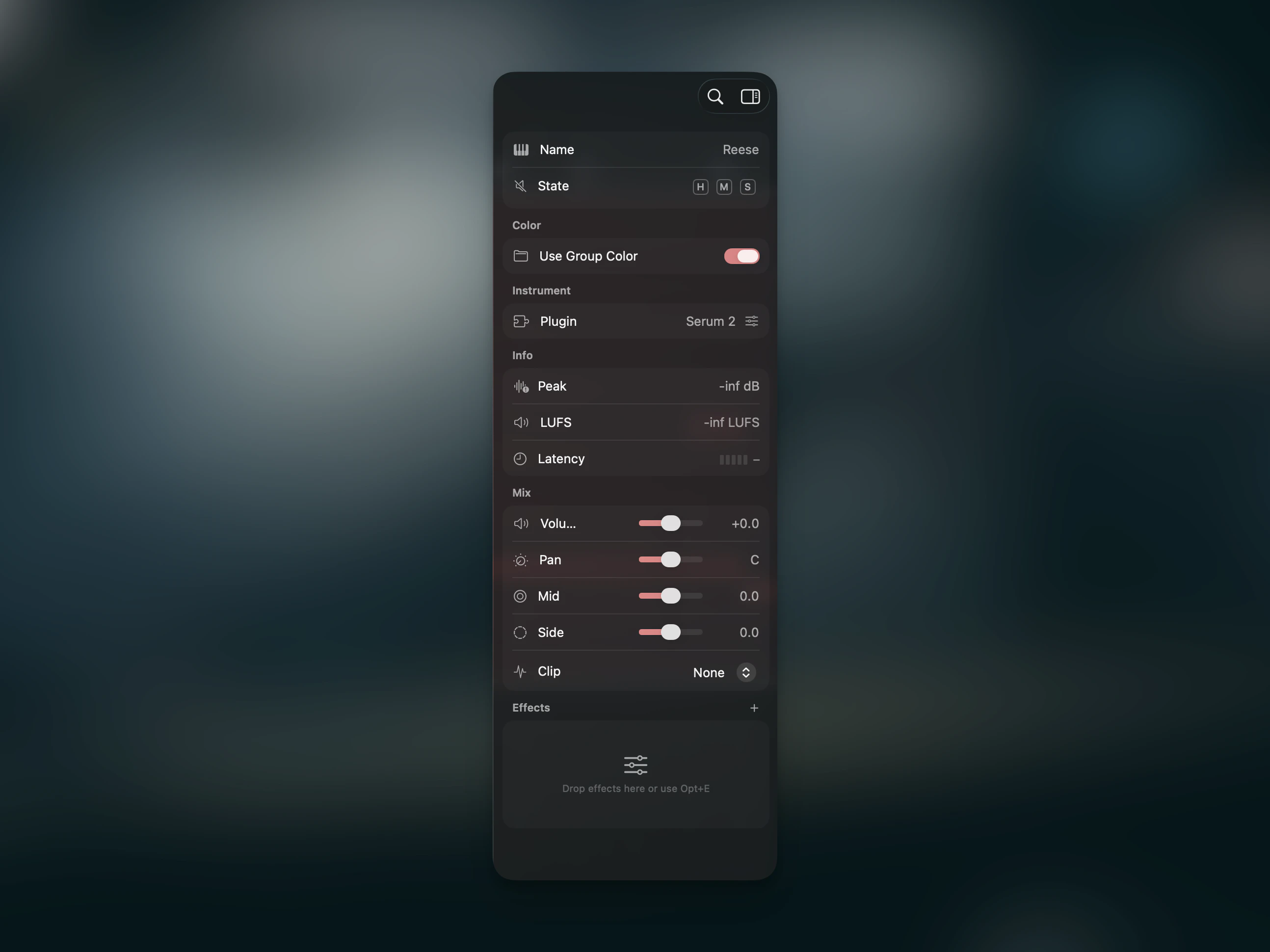 Inspector panel showing track name, mix controls, and grid settings
