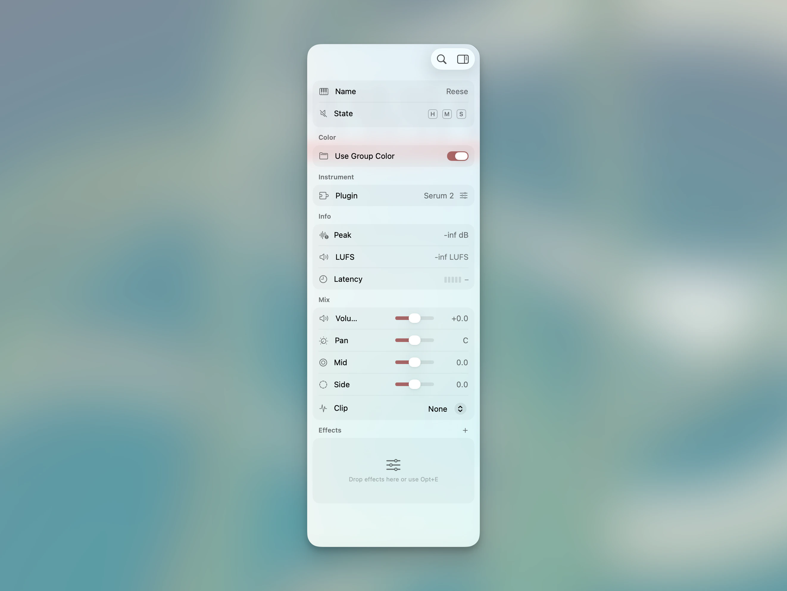 Inspector panel showing track name, mix controls, and grid settings