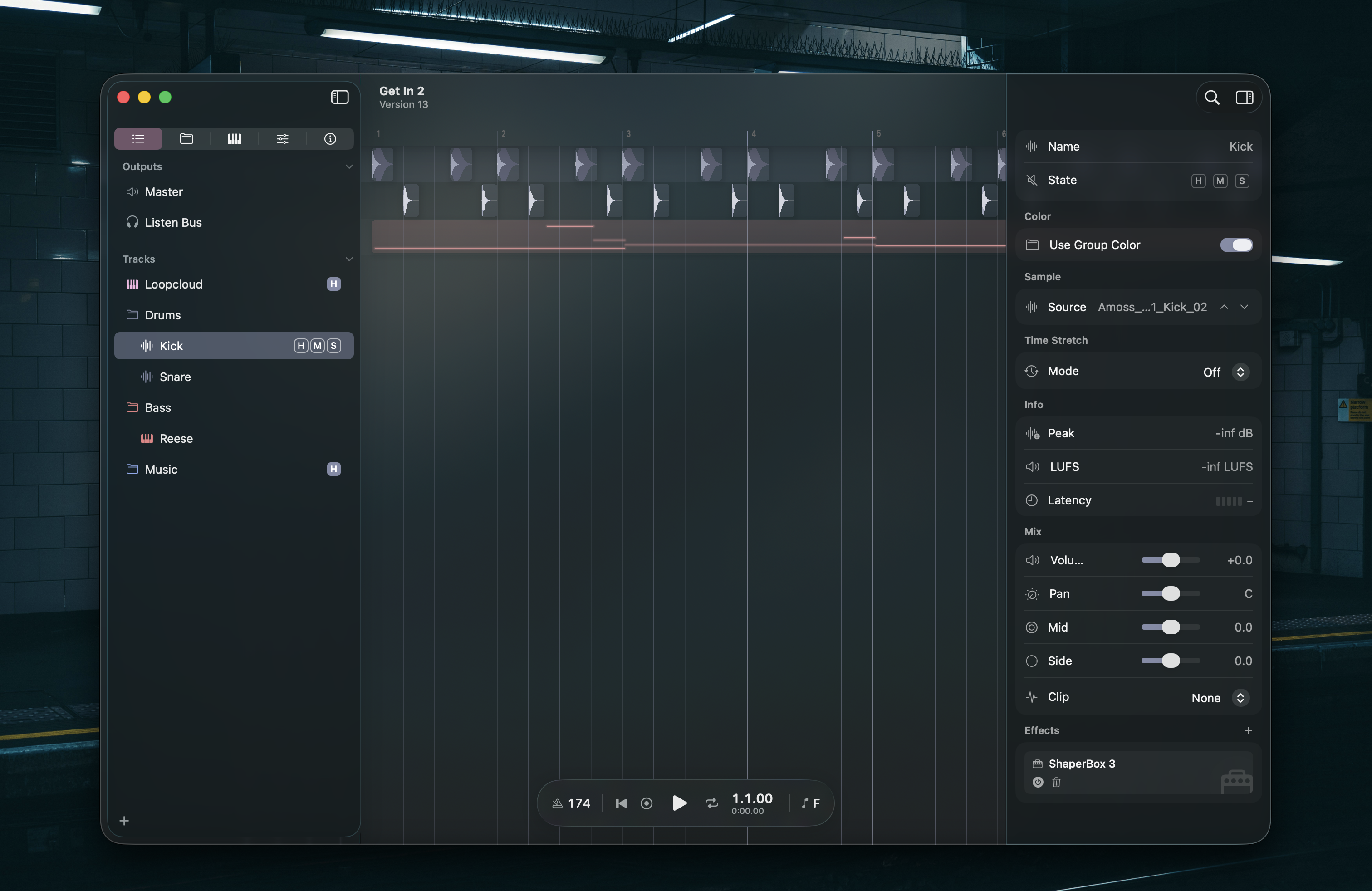 Gridshift main window with tracks, clips, sidebar, and inspector