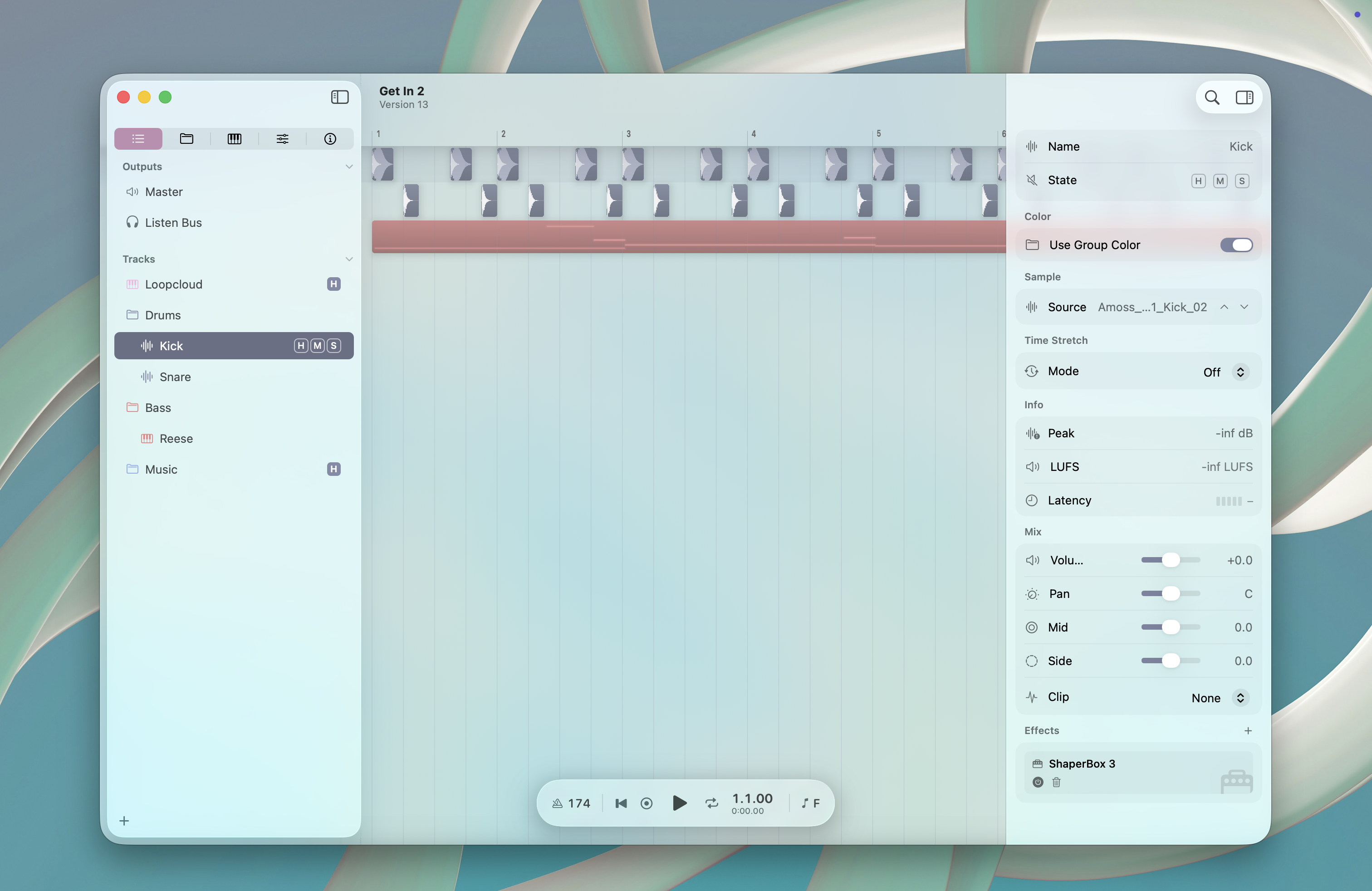 Gridshift main window with tracks, clips, sidebar, and inspector