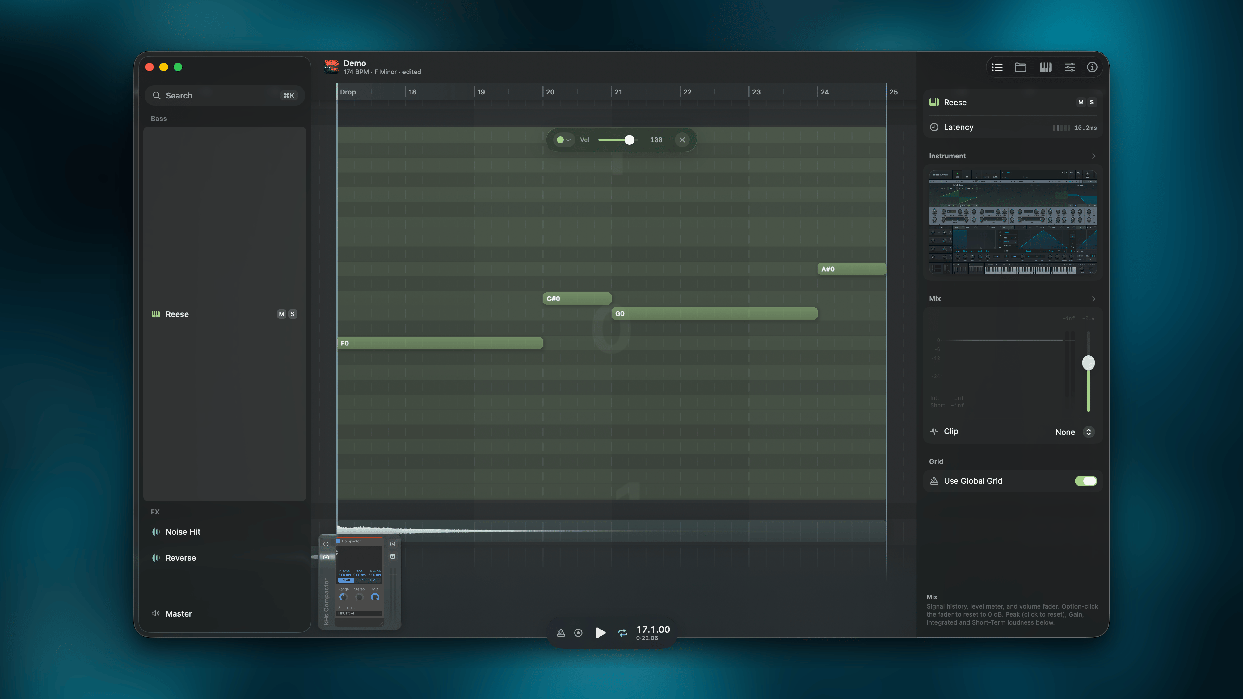 MIDI clip in Focus Mode showing piano roll with notes