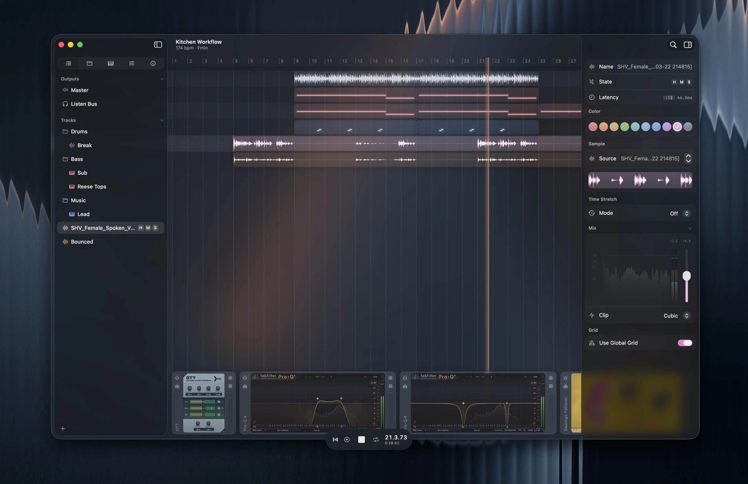 Gridshift main window with tracks, clips, sidebar, and inspector
