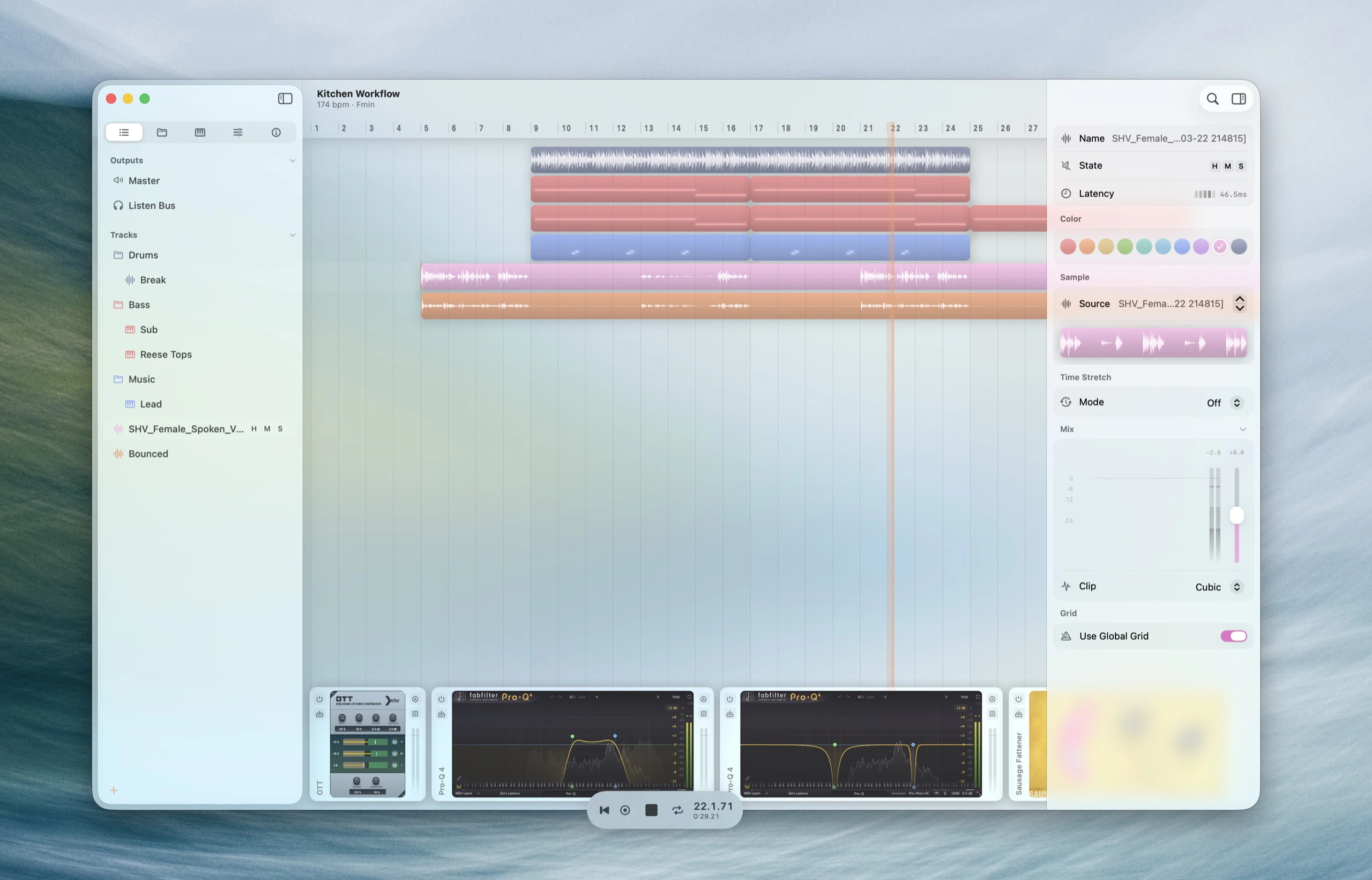 Gridshift main window with tracks, clips, sidebar, and inspector