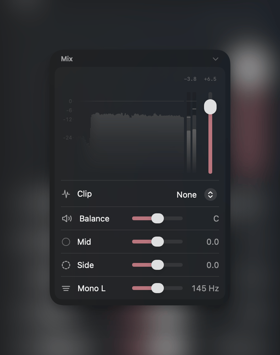 Mix section in the Inspector showing signal history, meter, volume fader, and mix controls