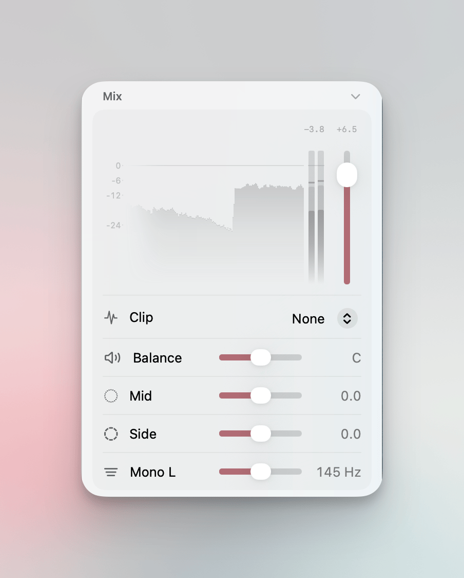 Mix section in the Inspector showing signal history, meter, volume fader, and mix controls