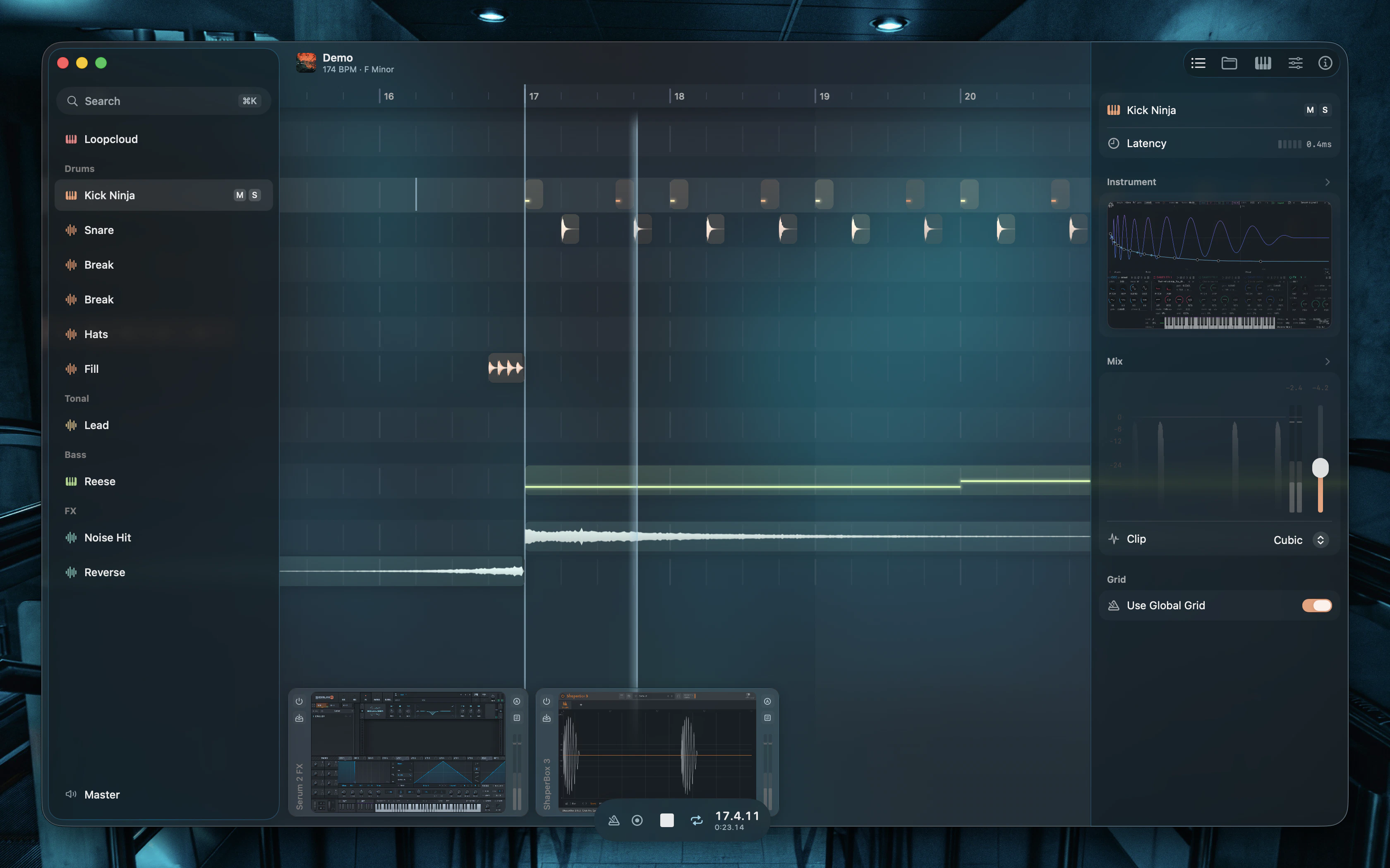 Gridshift main window with tracks, clips, sidebar, and inspector