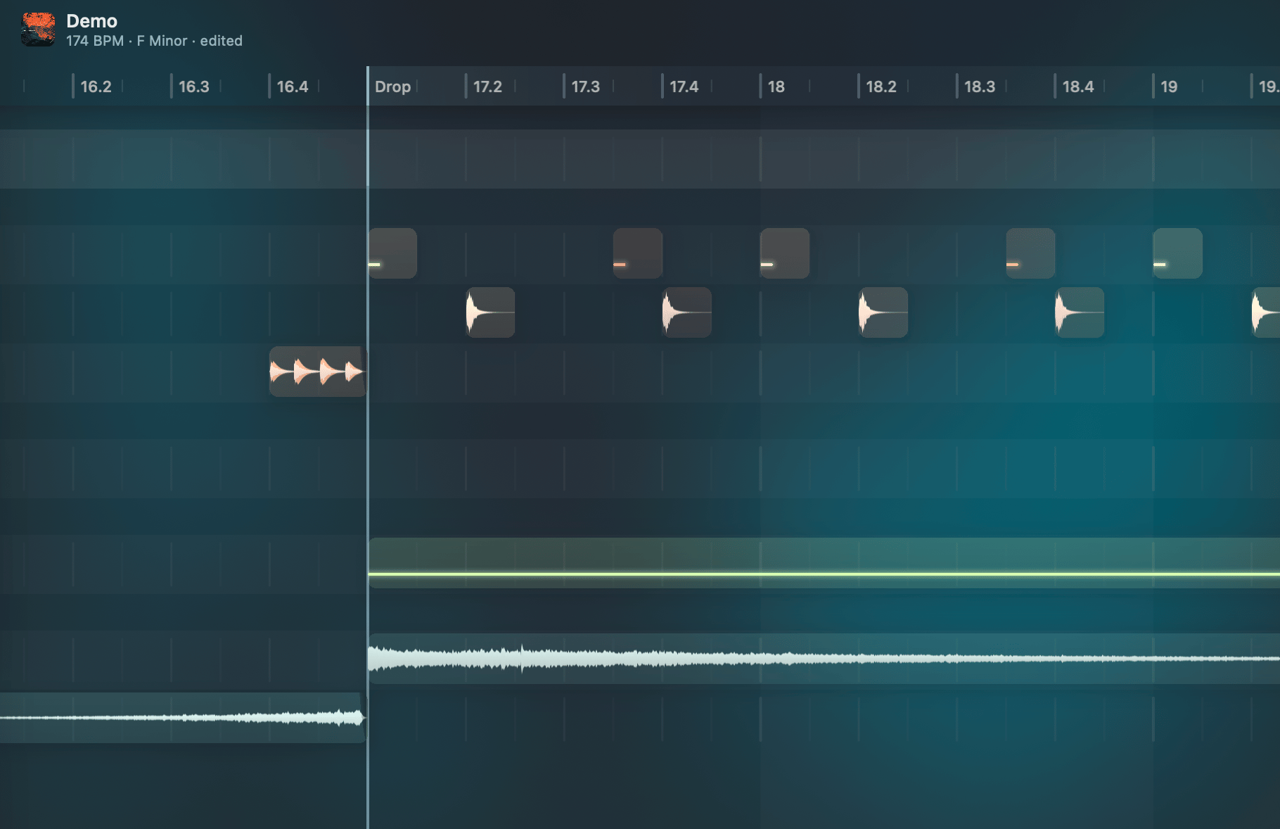 Timeline with multiple tracks showing audio and MIDI clips