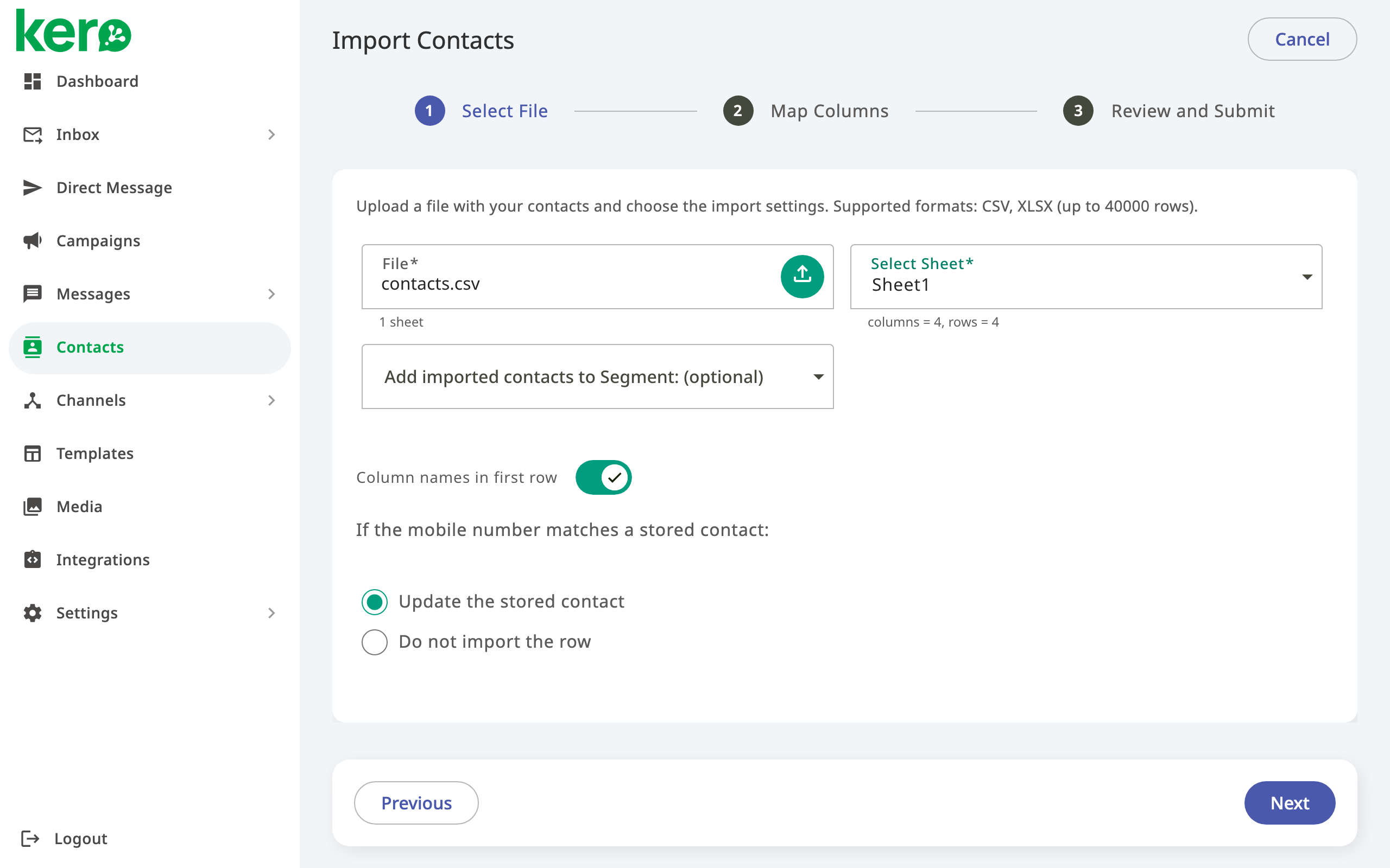 Select File step of the Kero contact import wizard