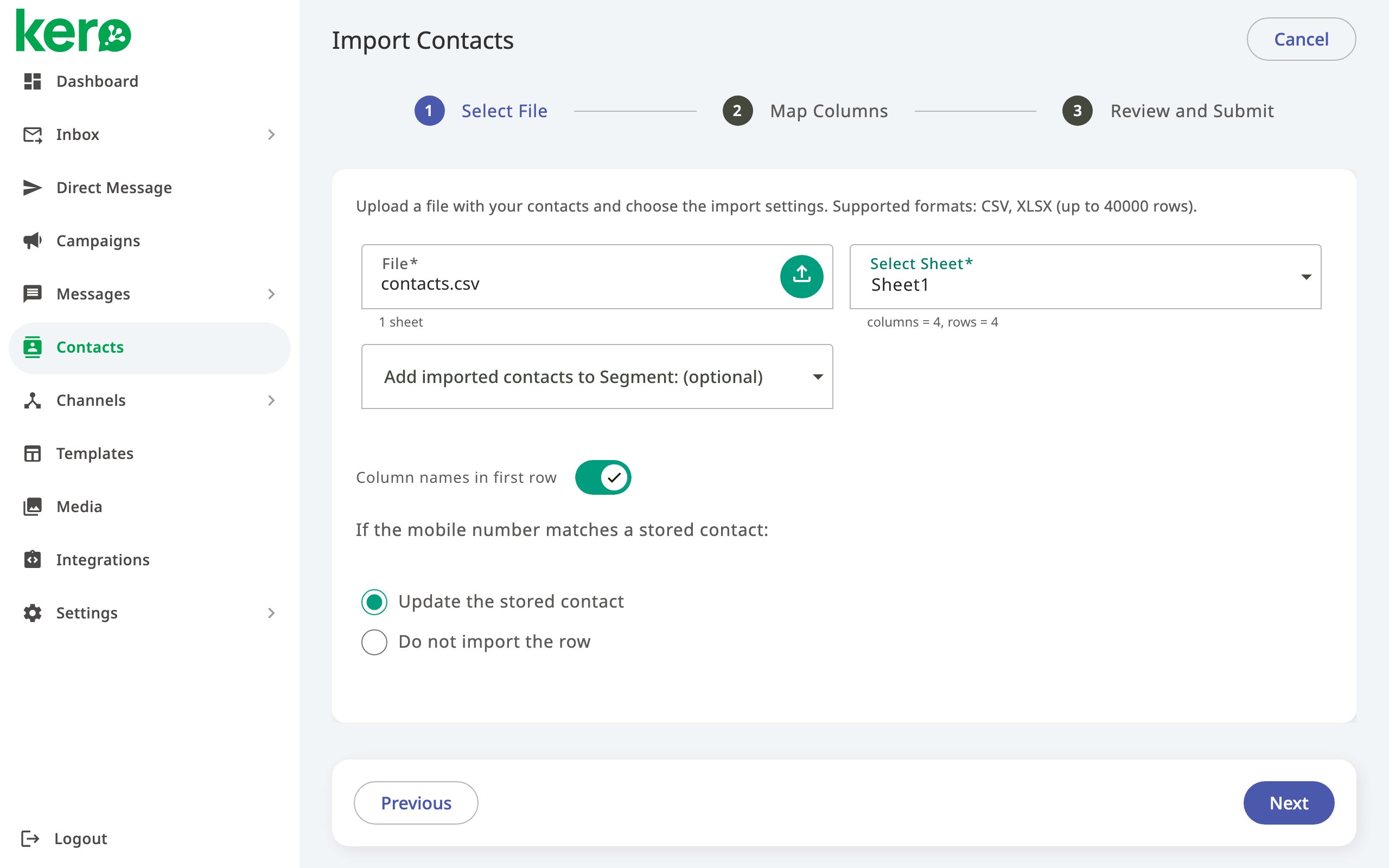 Select File step of the Kero contact import wizard