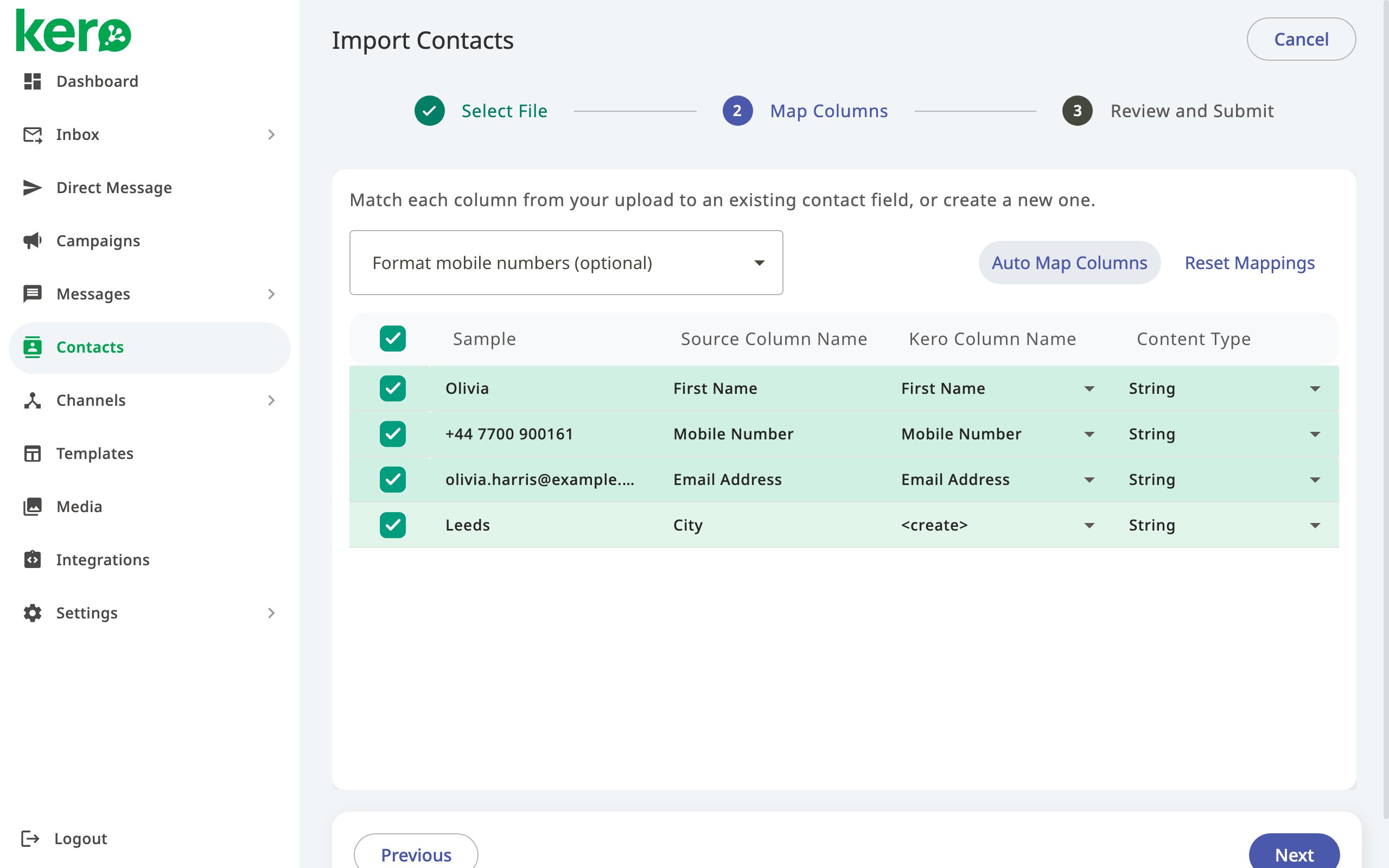 Select File step of the Kero contact import wizard