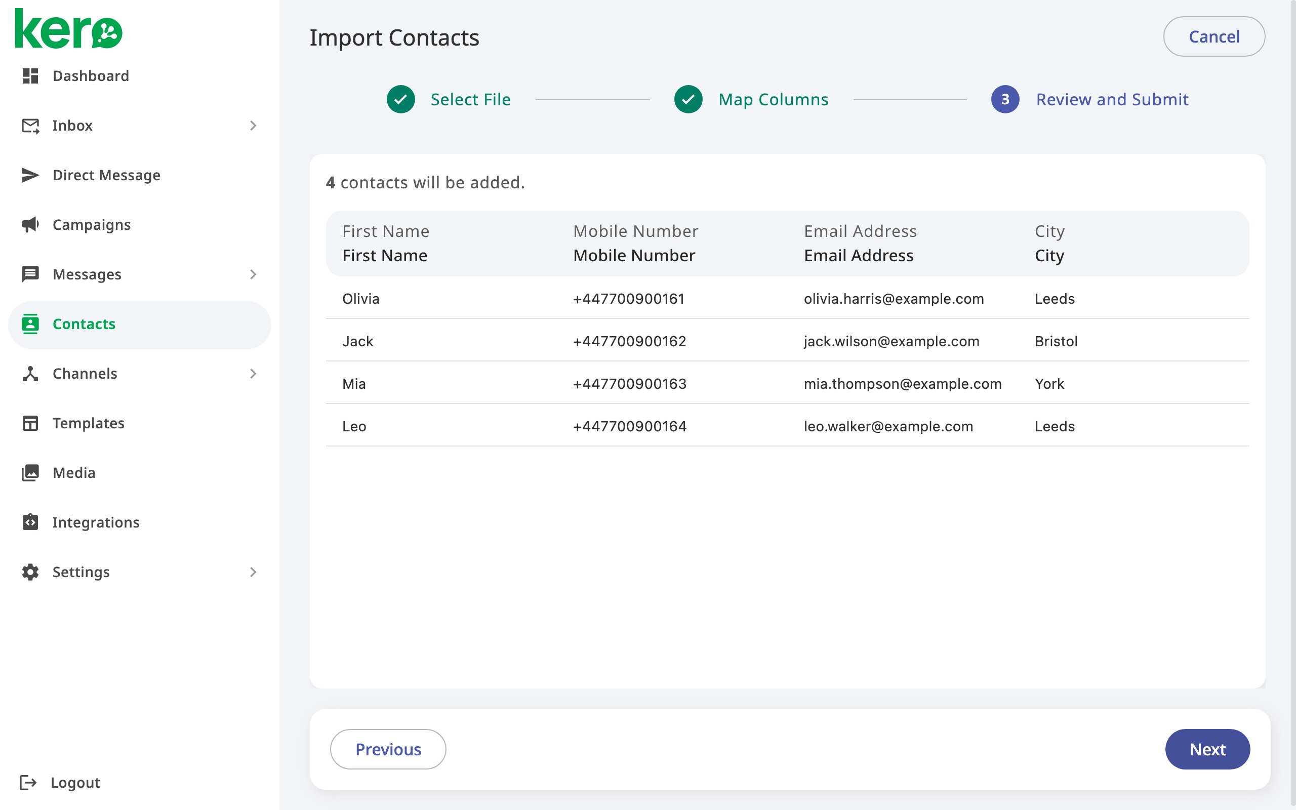 Select File step of the Kero contact import wizard