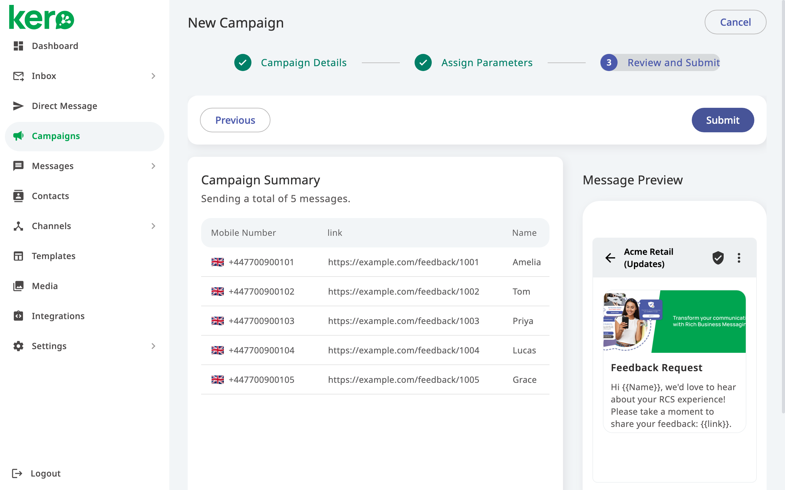 Kero New Campaign Details screen