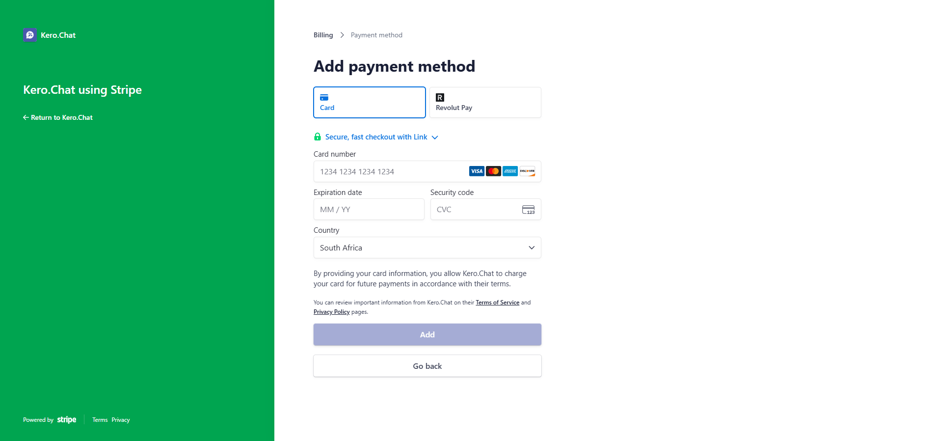 Stripe Add payment method screen showing Card and Revolut Pay options and the card payment form