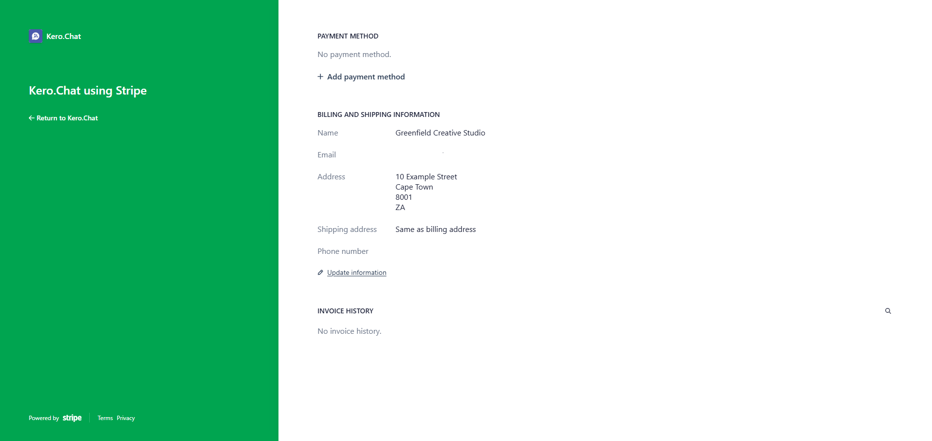 Kero Stripe billing portal showing payment methods, billing information and invoice history