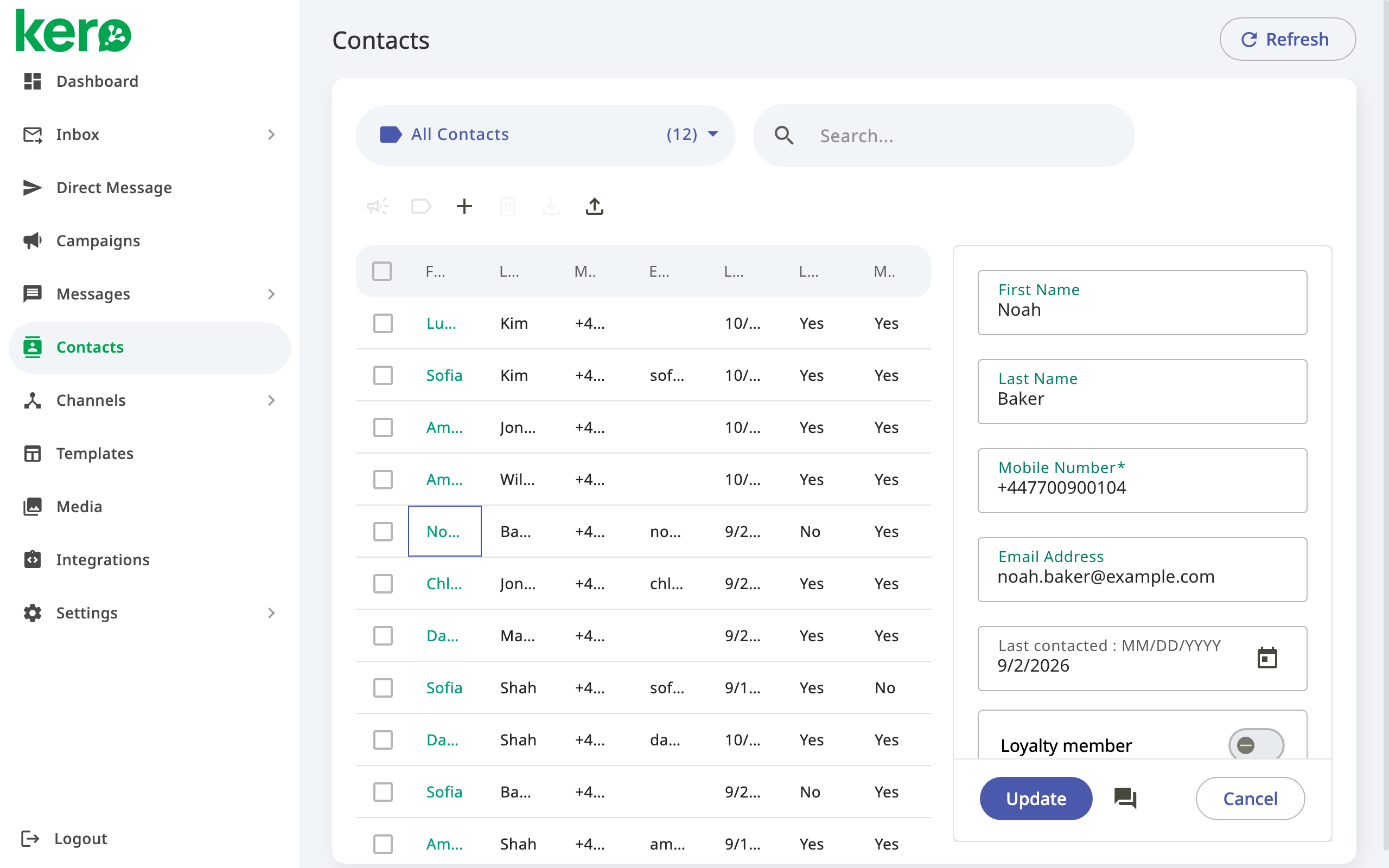 Kero contact details panel showing editable contact information
