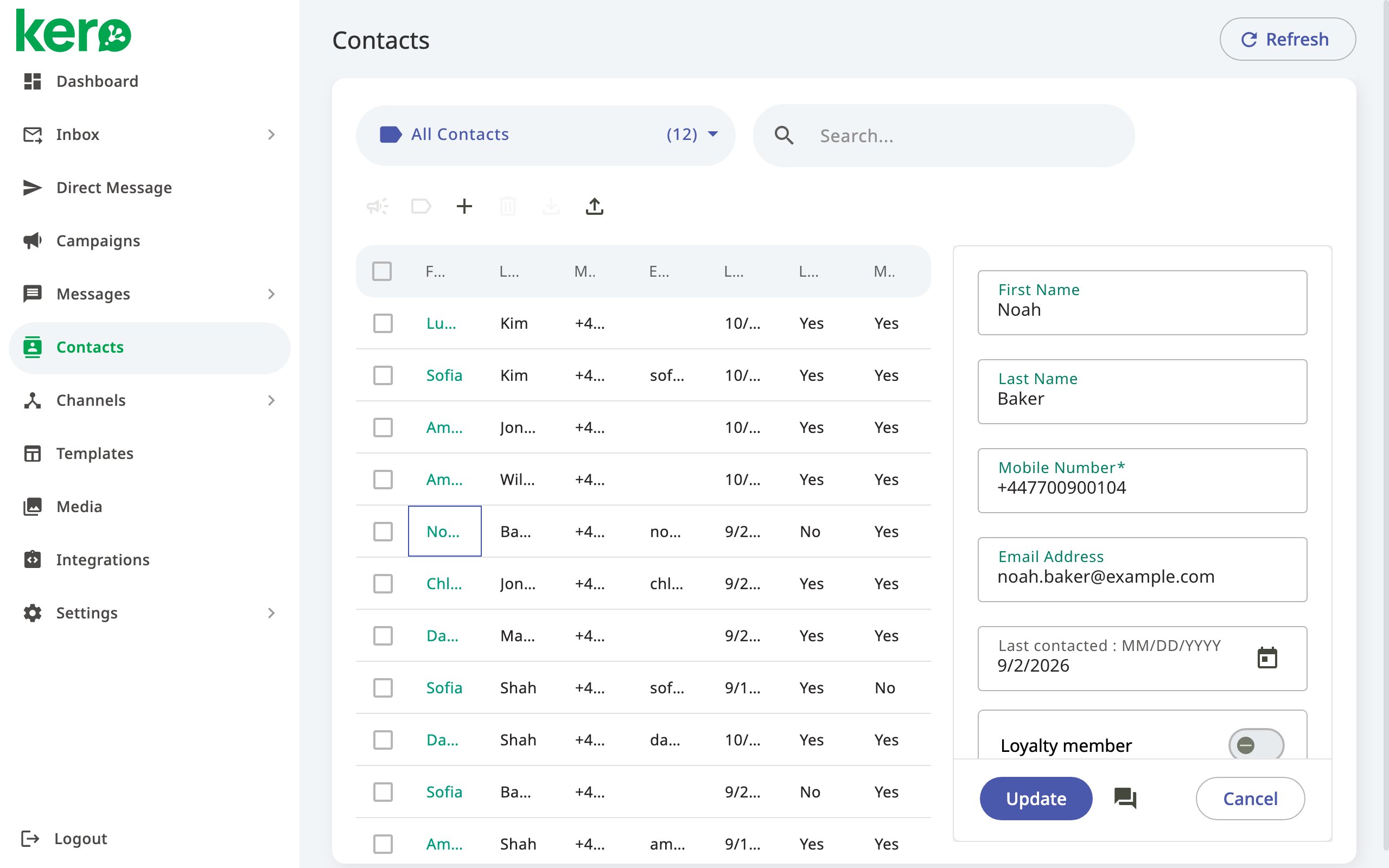 Kero contact details panel showing the conversation icon used to open the Inbox