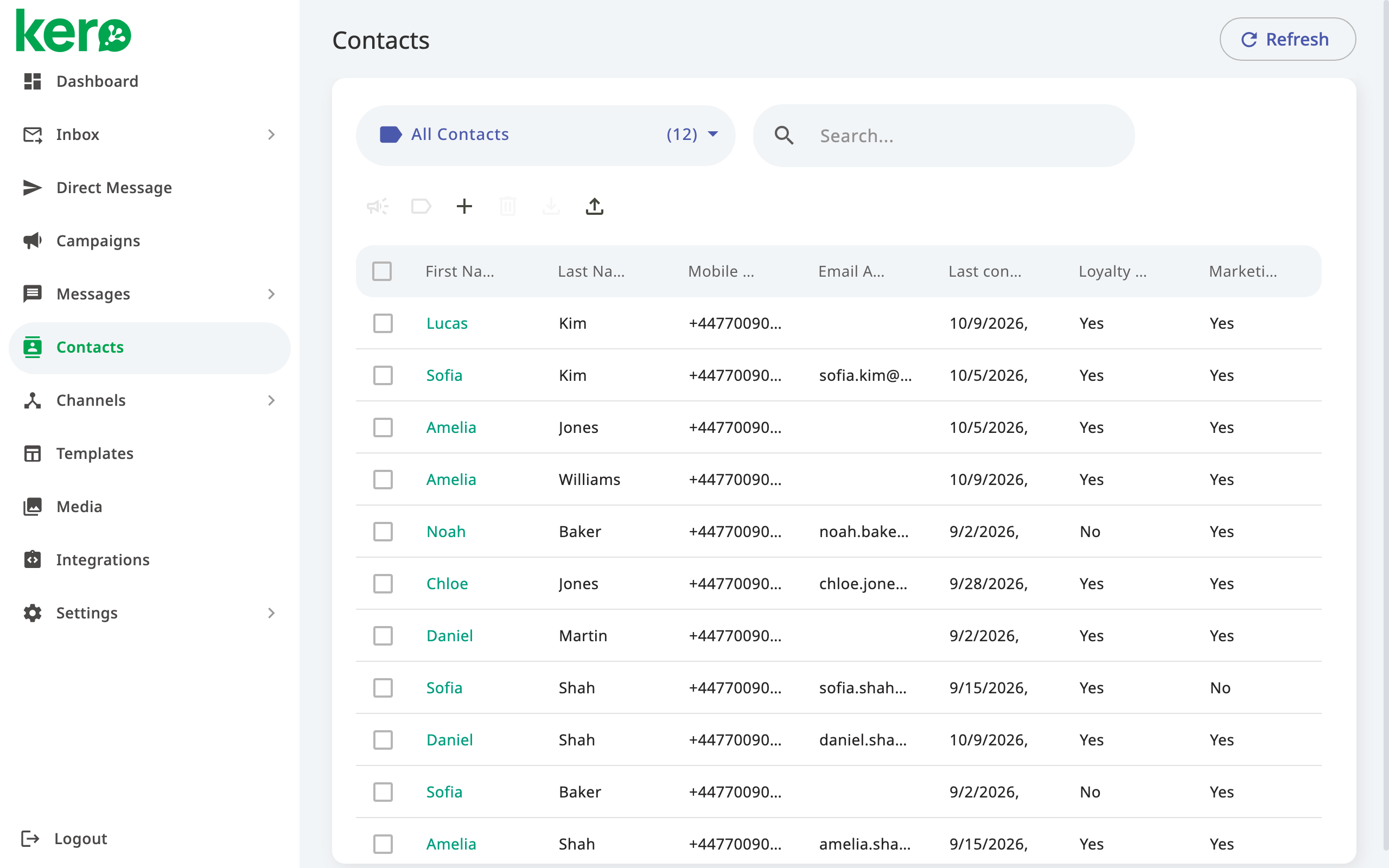 Kero Contacts page showing the contact list, search and available actions
