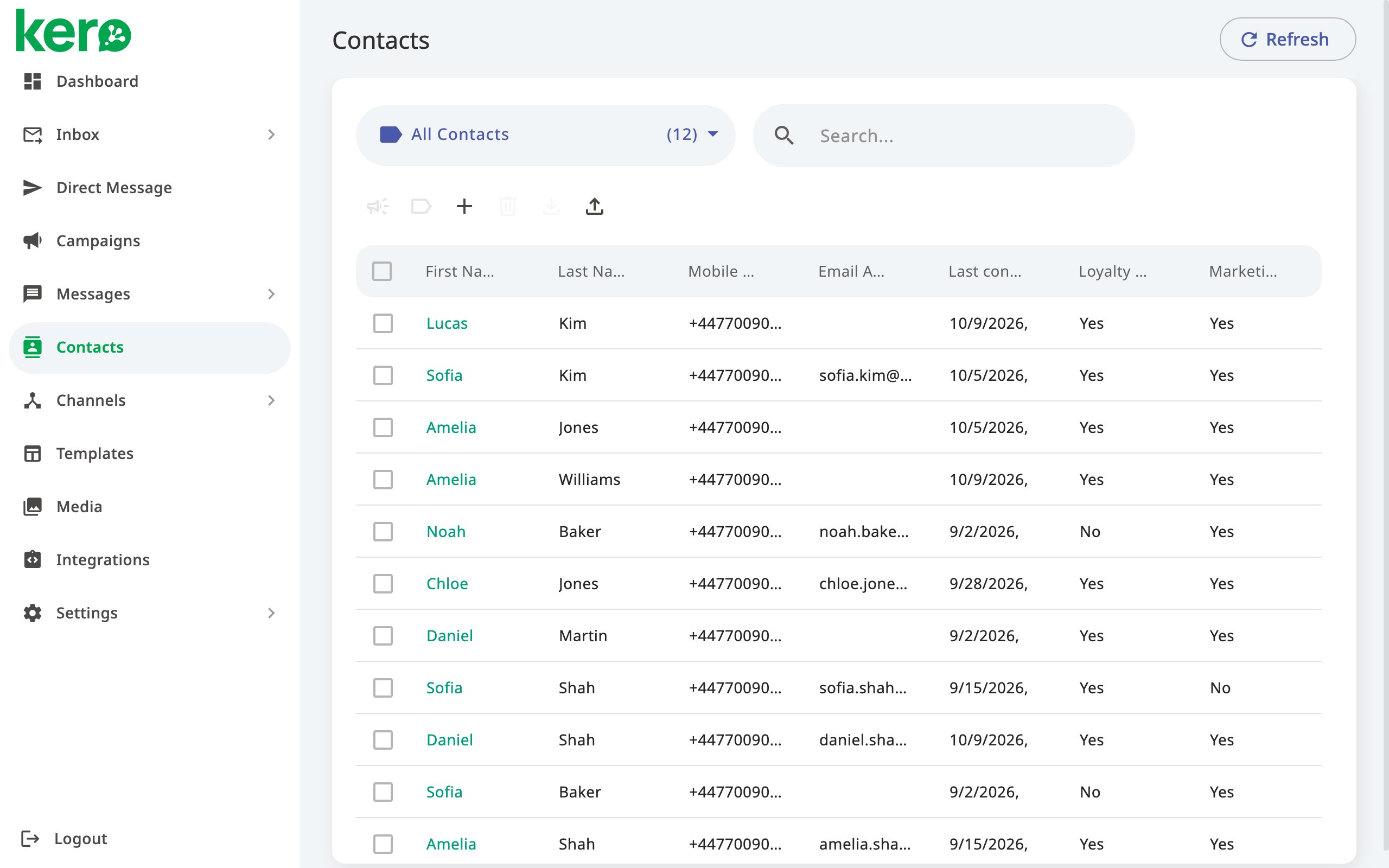 Kero Contacts page showing the contact list, search and available actions