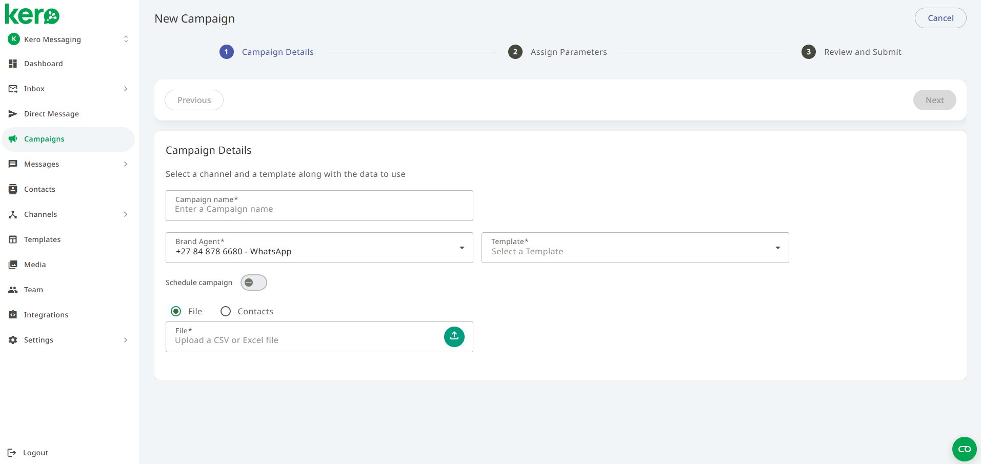 Kero Campaigns screen for preparing a test campaign