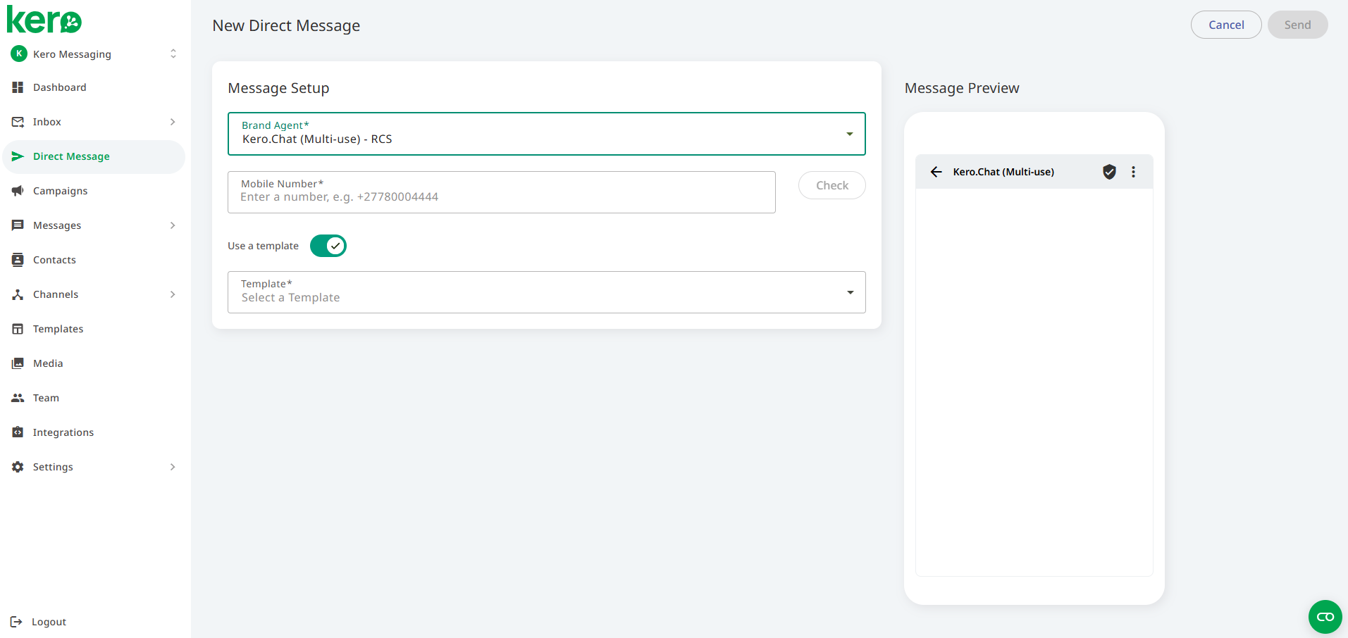 Kero Direct Message screen for preparing and sending a test message
