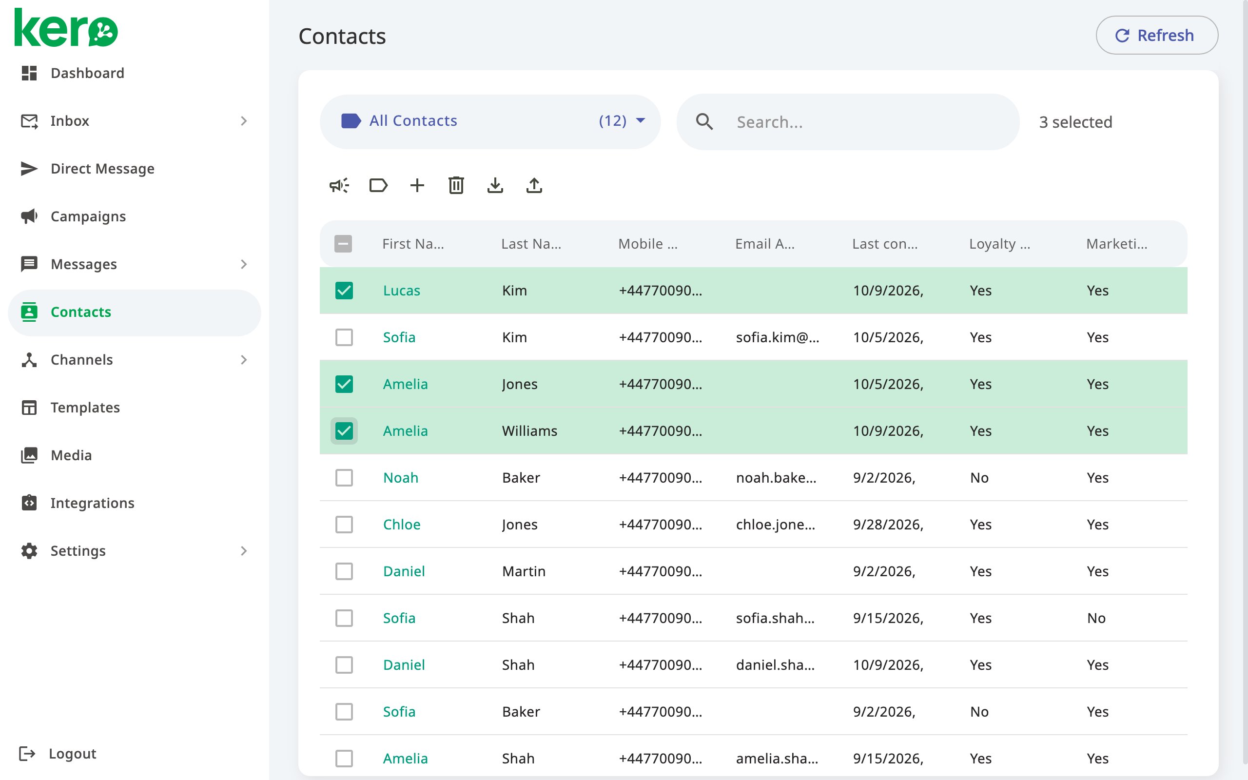 Selected contacts in Kero showing the Delete action in the Contacts toolbar