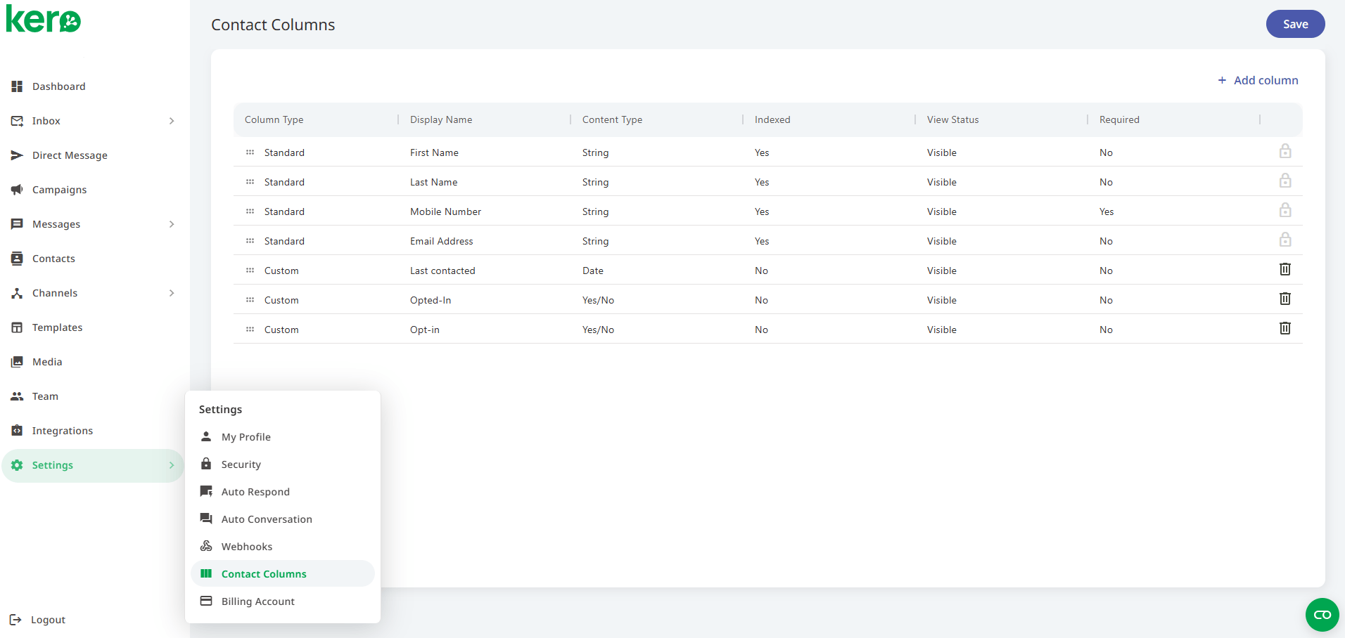 Kero Contact Columns settings showing controls for managing custom contact fields