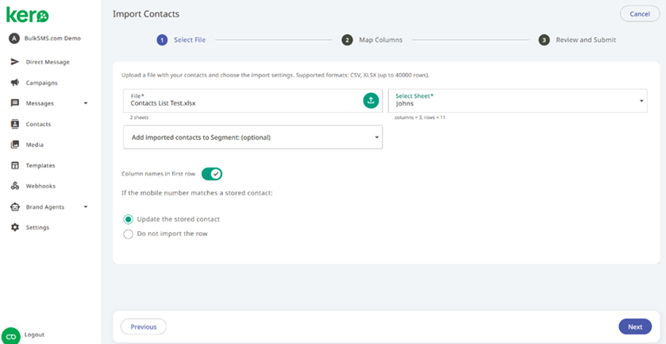 Kero Contacts page showing the option to import contacts