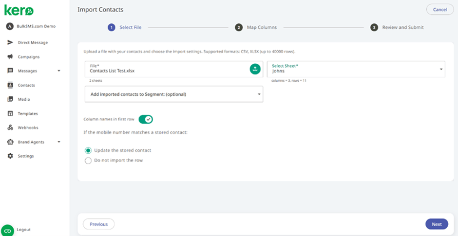 Kero Contacts page showing the option to import contacts