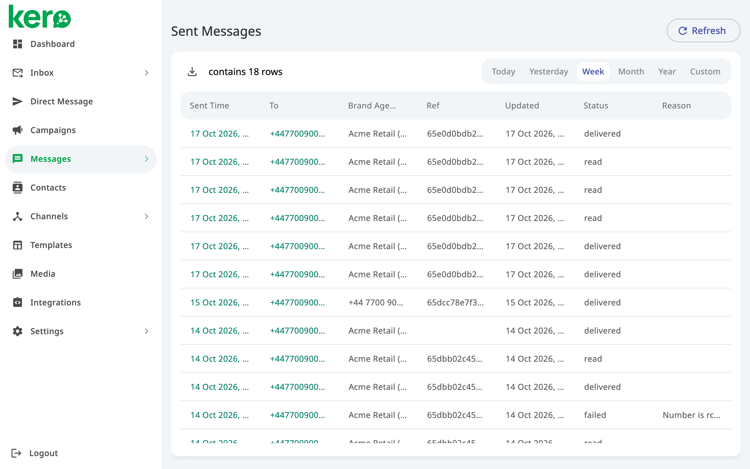Kero Sent Messages page showing outgoing messages and their delivery statuses.