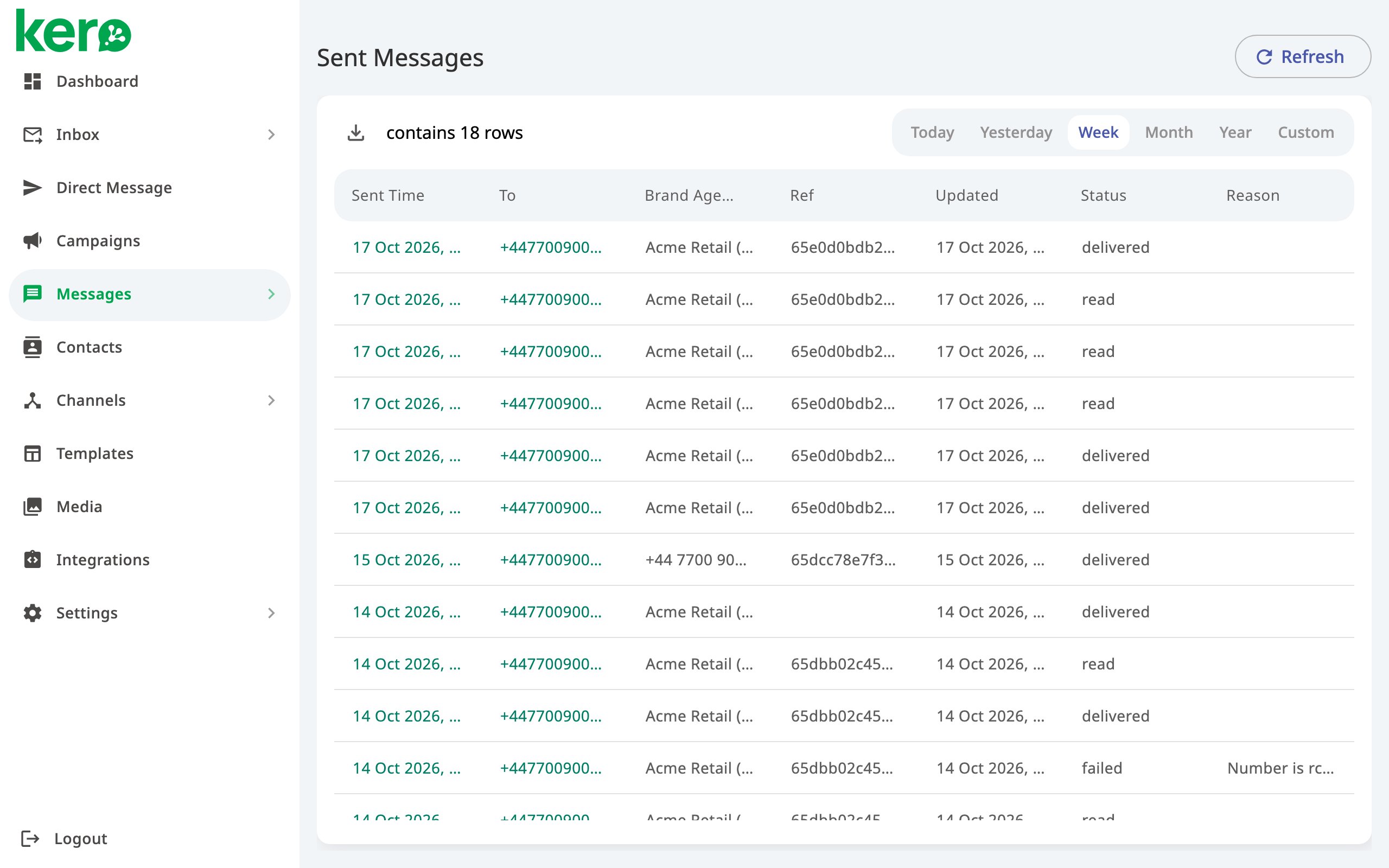 Kero Sent Messages page showing outgoing messages and their delivery statuses.