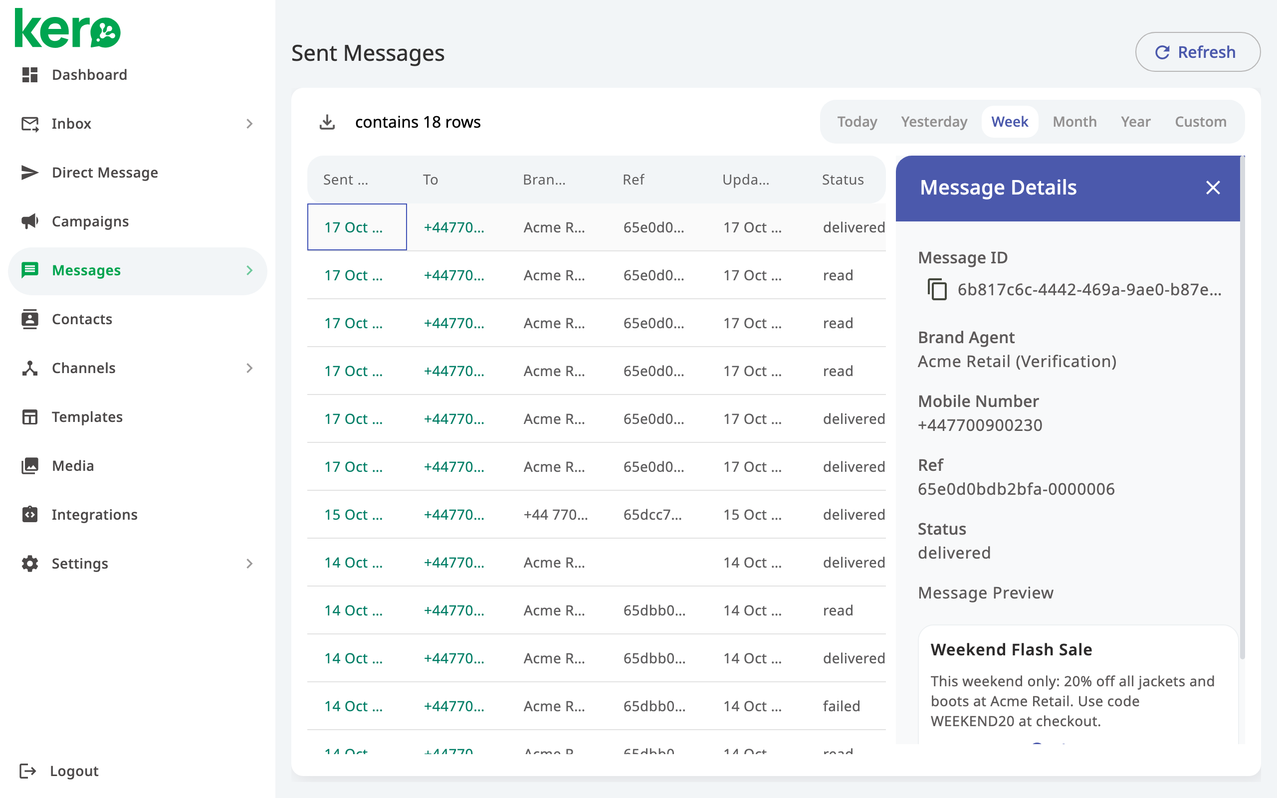 Kero Message Details panel showing the selected message's status, reference and message preview.