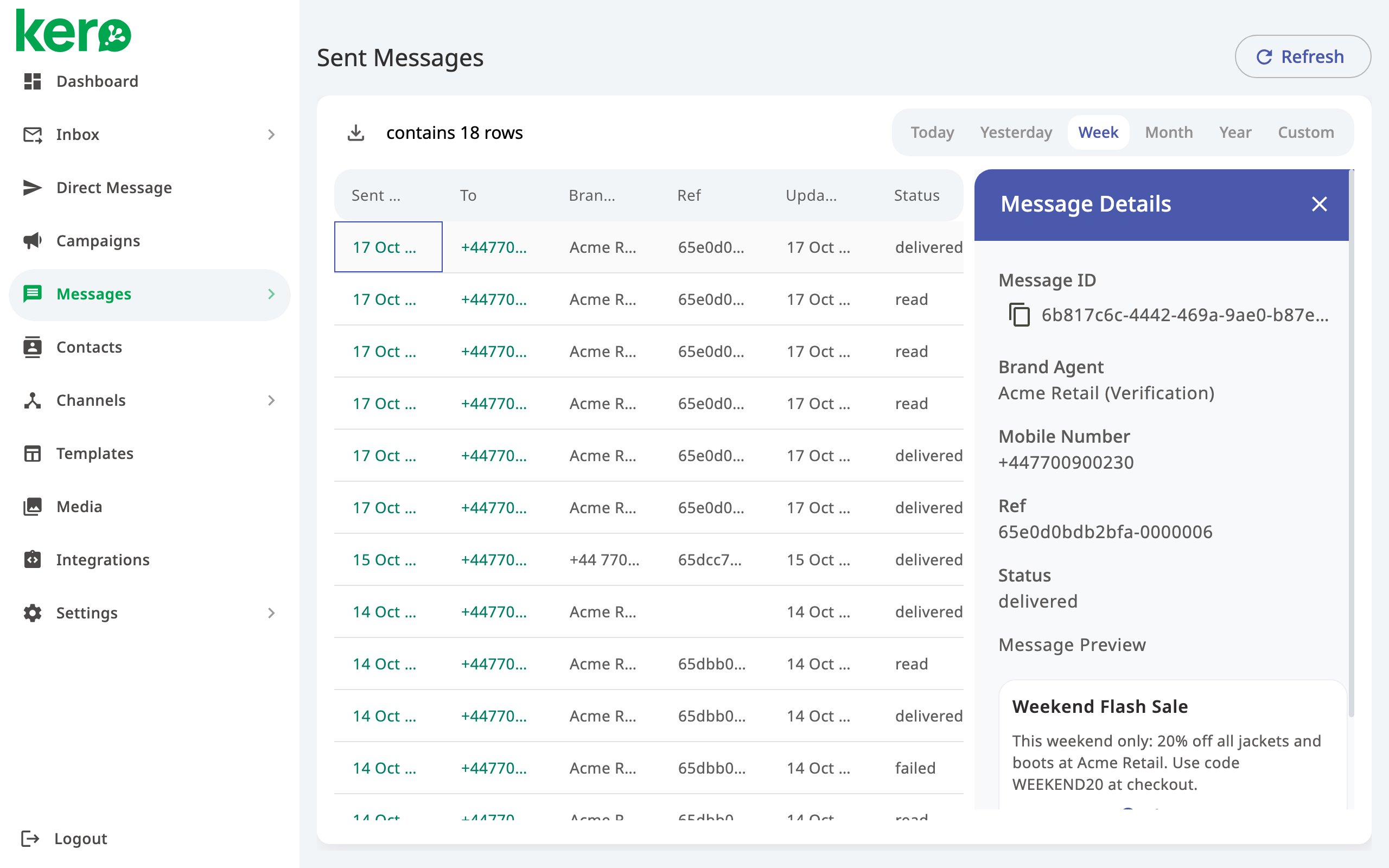 Kero Message Details panel showing the selected message's status, reference and message preview.