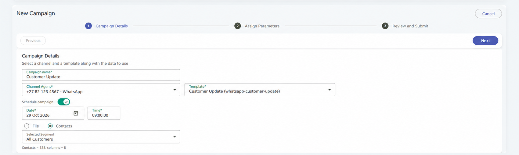 Kero campaign scheduling settings showing the Schedule campaign toggle and Date and Time fields