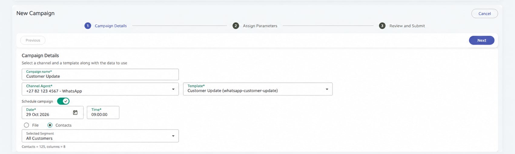 Kero campaign scheduling settings showing the Schedule campaign toggle and Date and Time fields