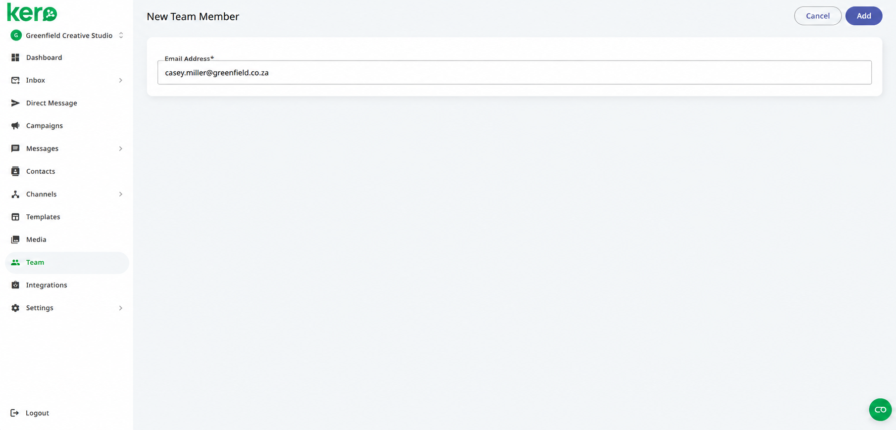 Kero New Team Member screen with the Email Address field and Add button
