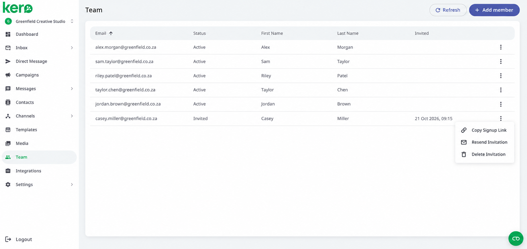 Kero Team invitation menu showing Copy Signup Link, Resend Invitation and Delete Invitation