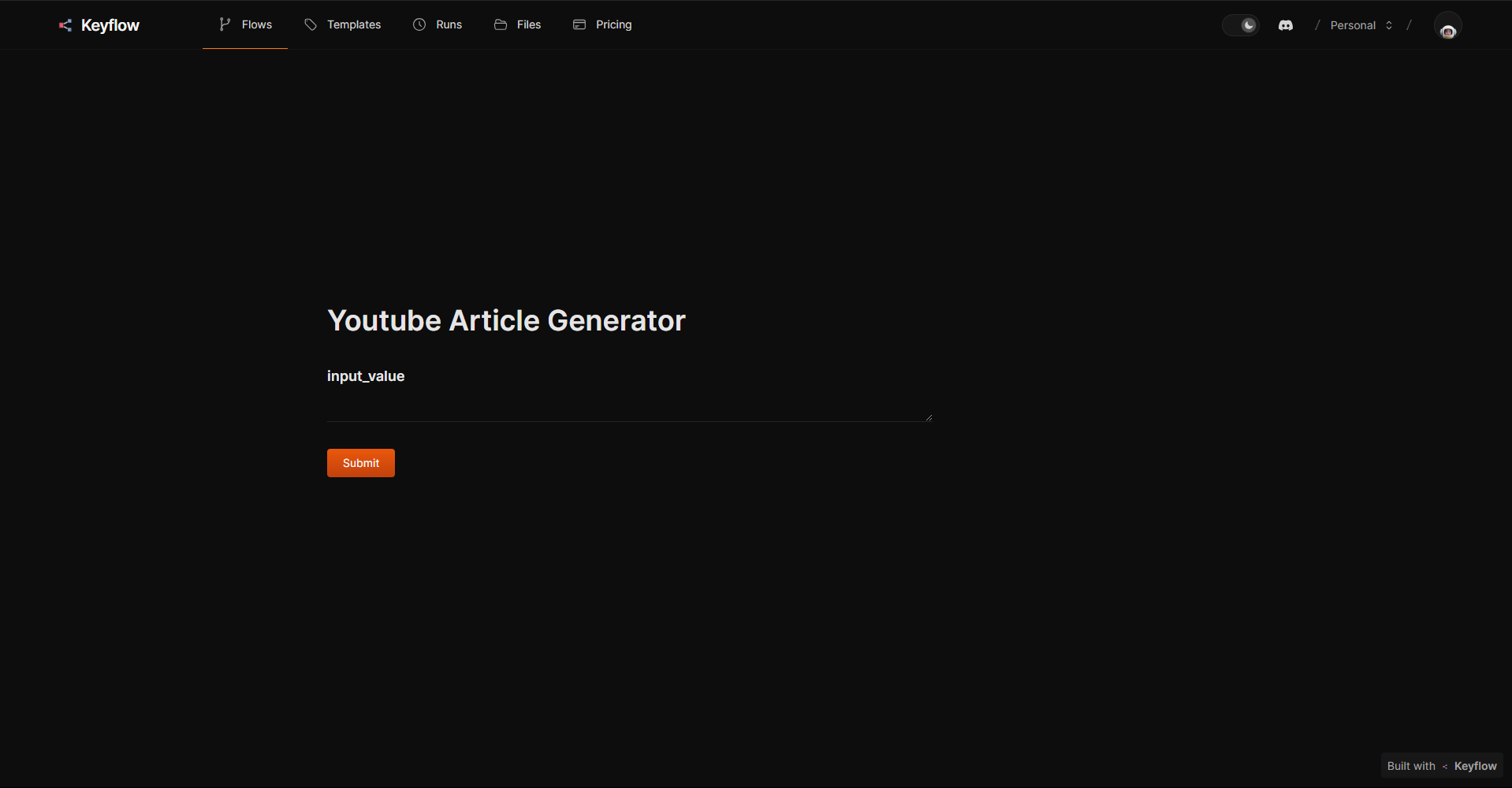 App View of Youtube Article Generator