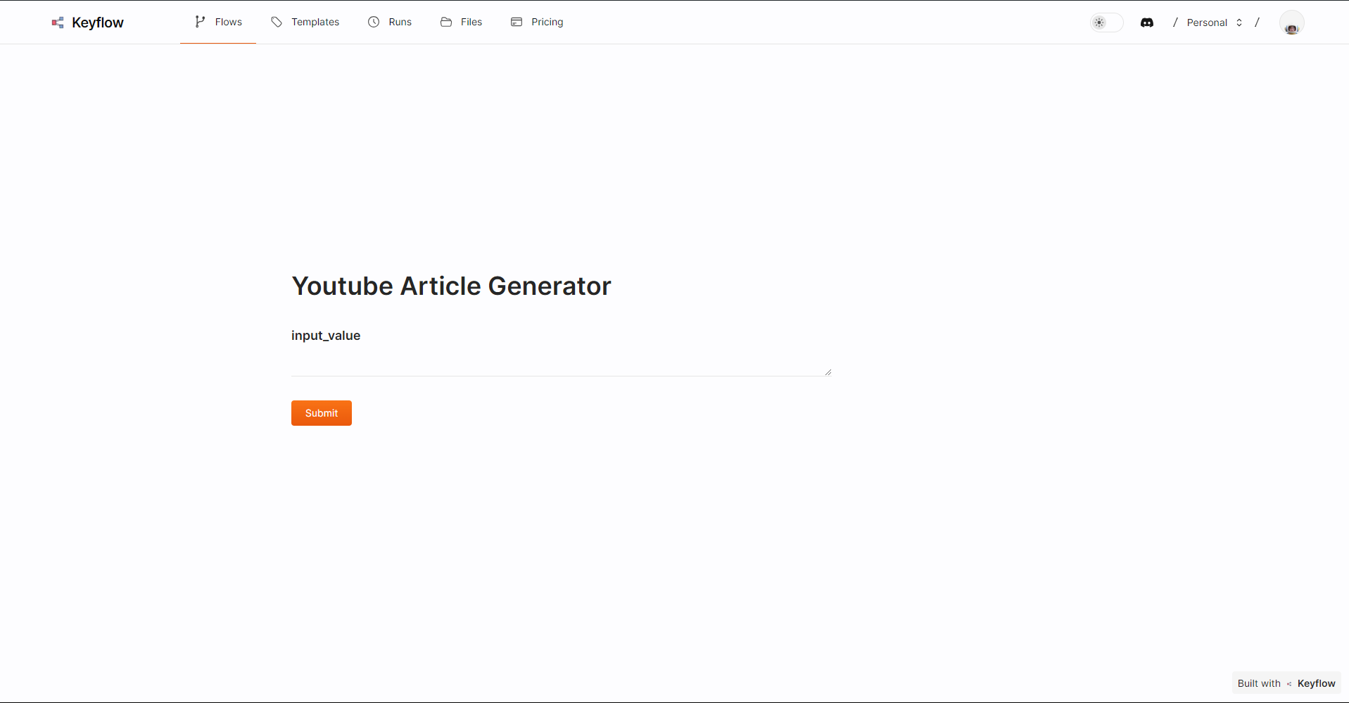 App View of Youtube Article Generator