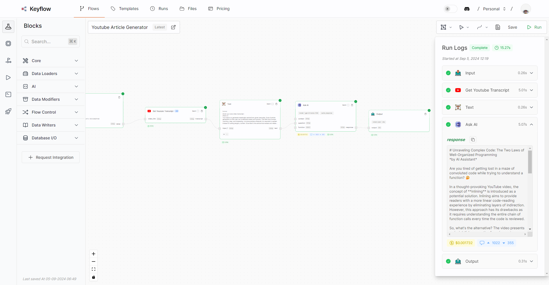 Output after running a flow