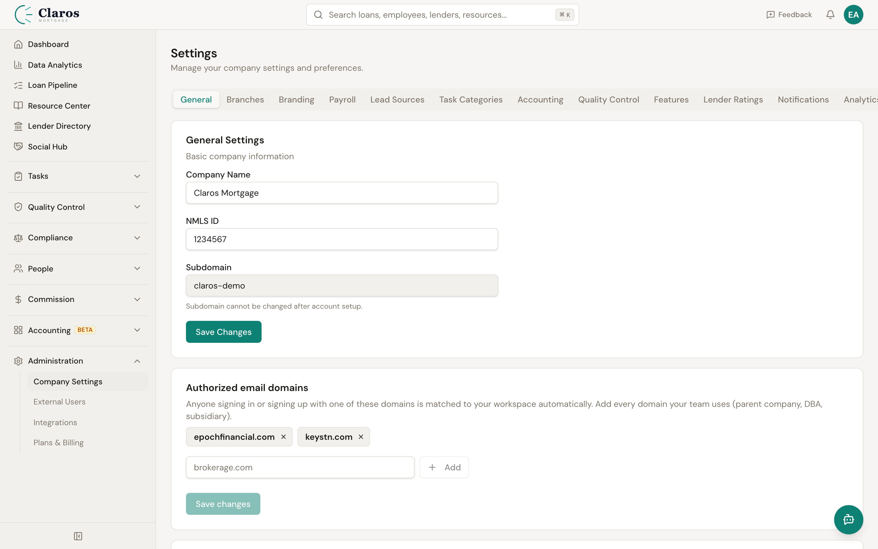 Company Settings page