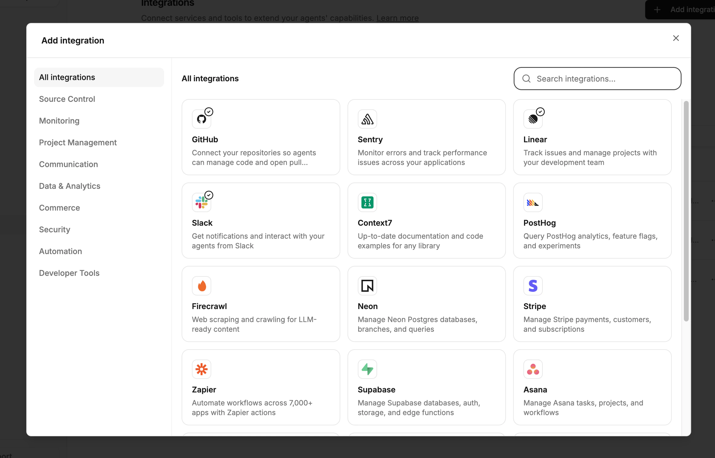 Actions configuration showing available integrations and their permissions.