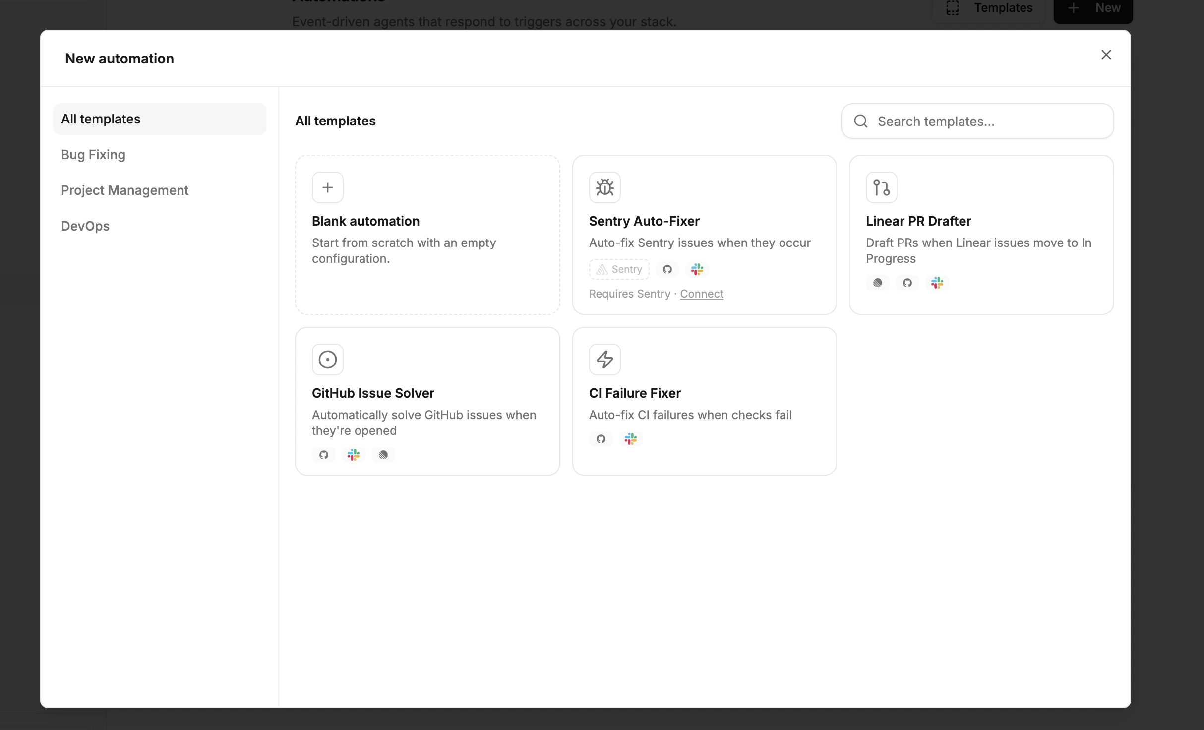 Automation templates gallery showing common starter workflows.