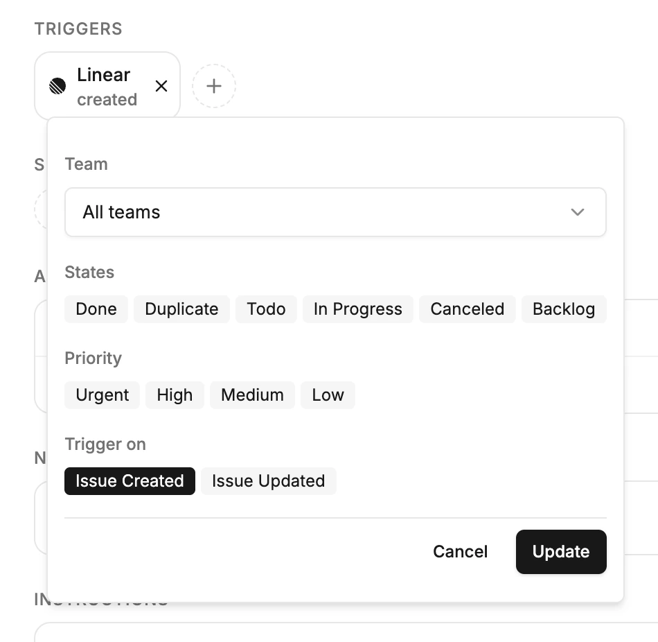 Trigger configuration showing available event sources.