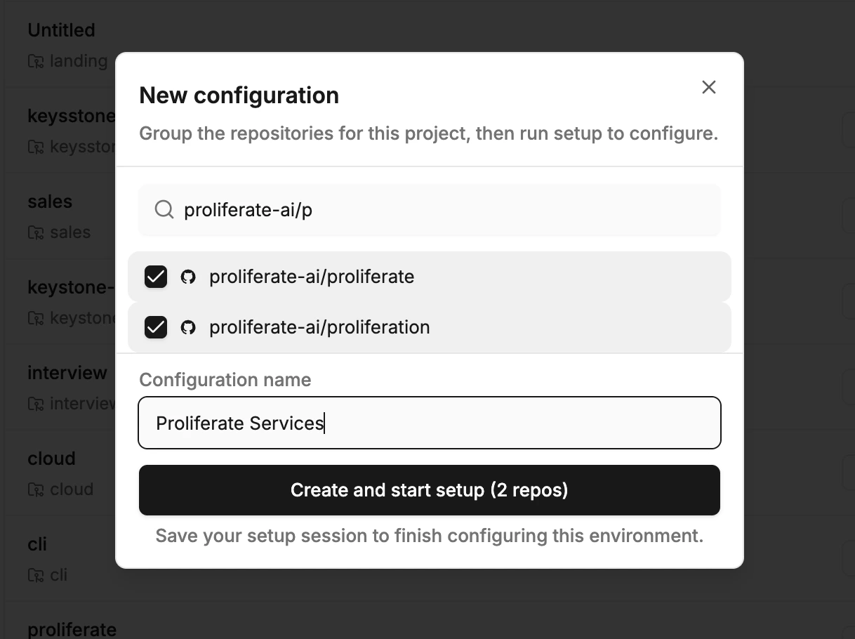 Configuration creation modal showing repo selection and naming fields.