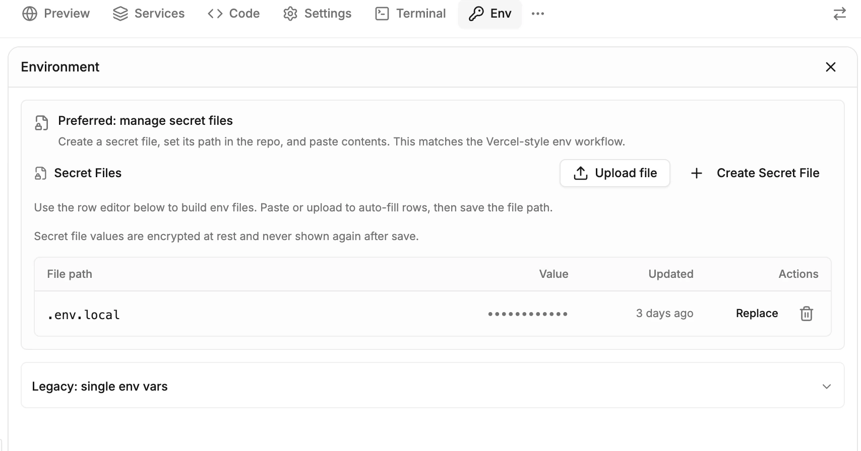 Env panel showing environment variables.