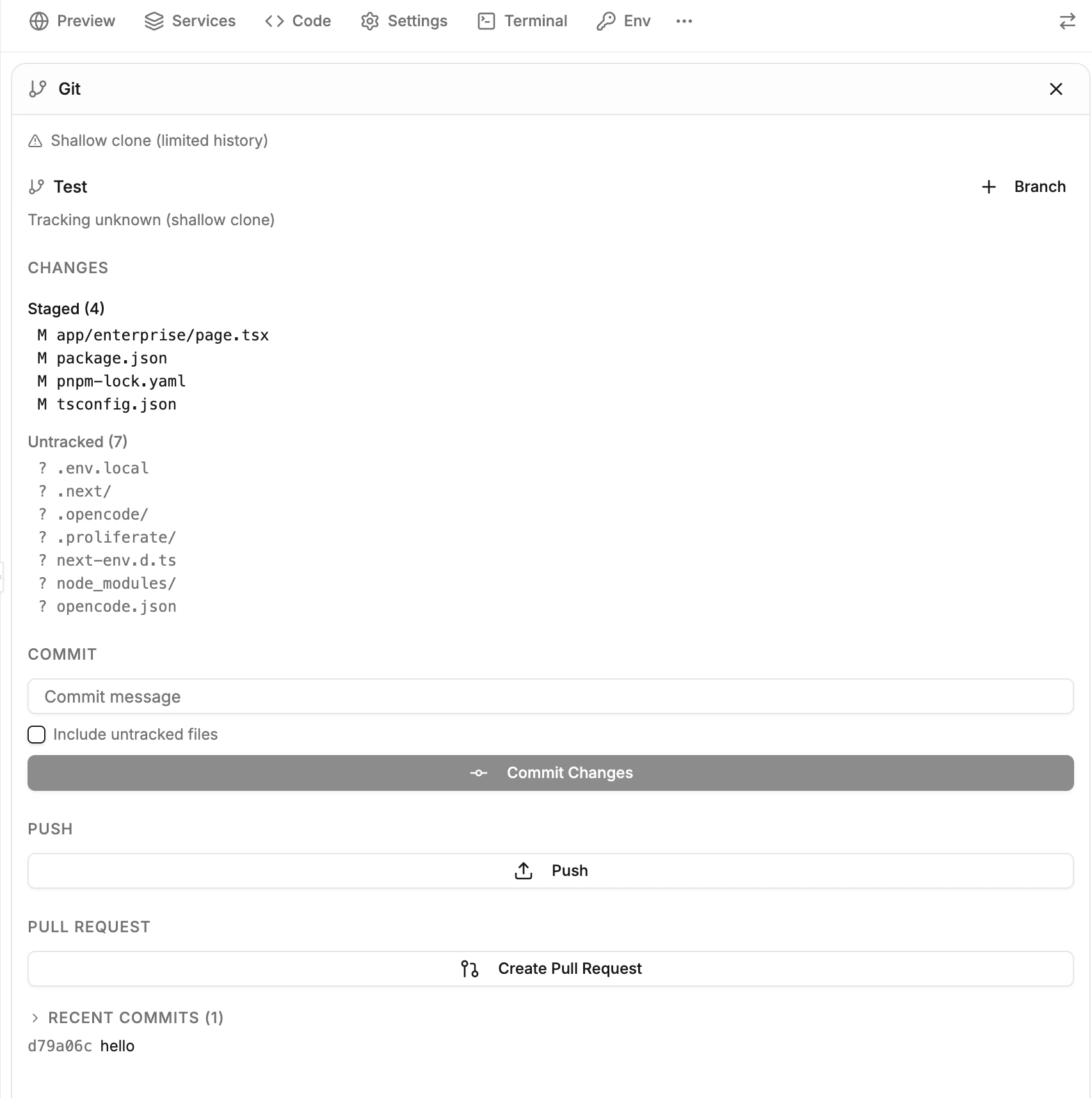 Git panel showing branch and commit operations.
