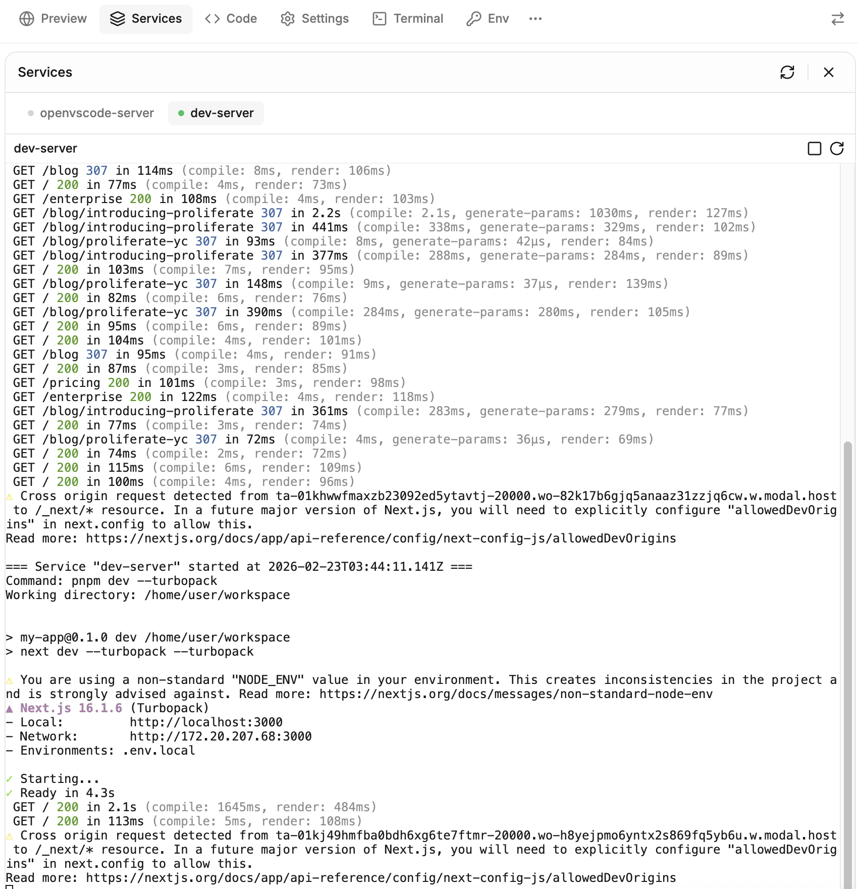 Services panel showing running services and logs.