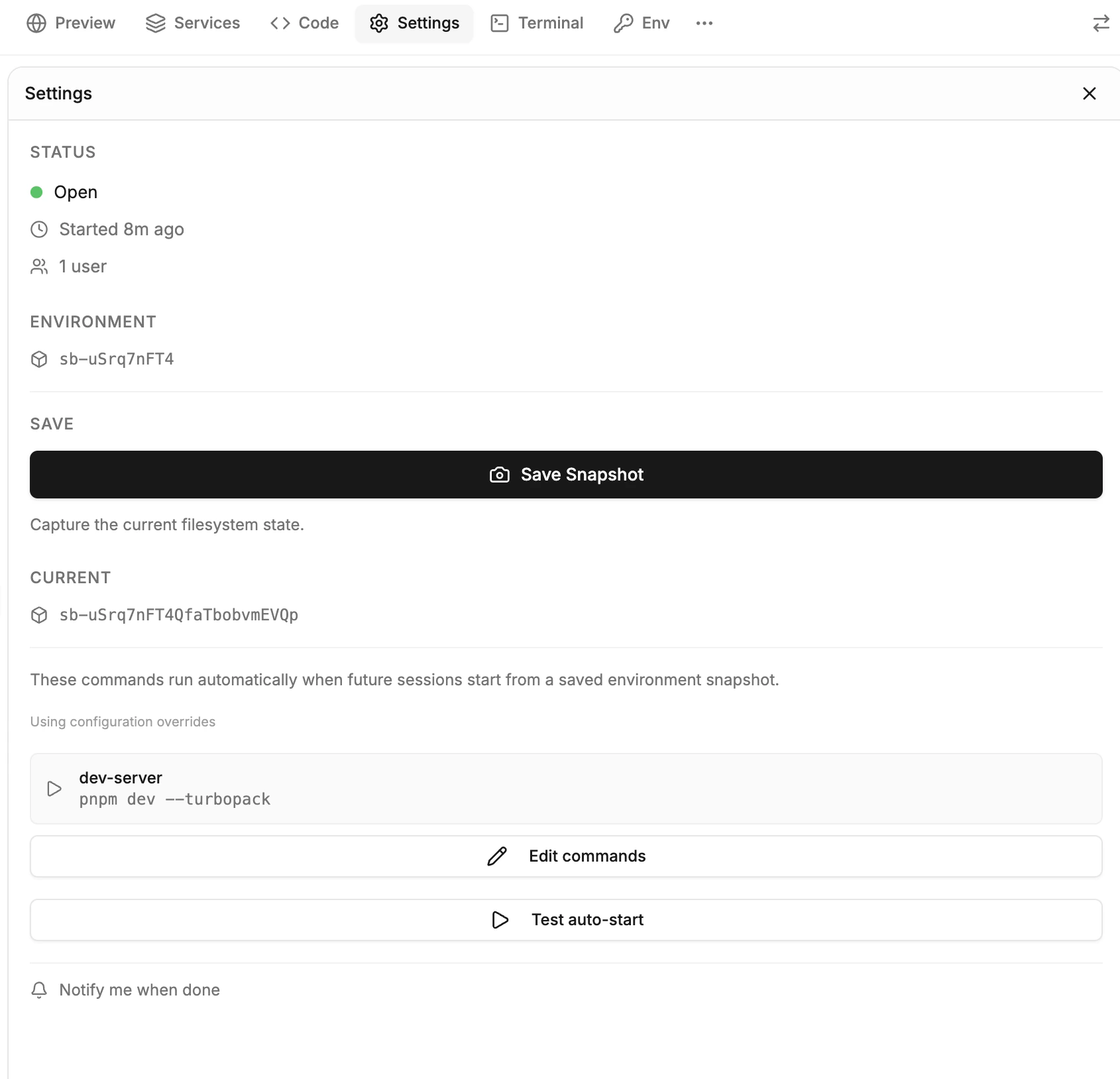 Settings panel with session info and configuration.