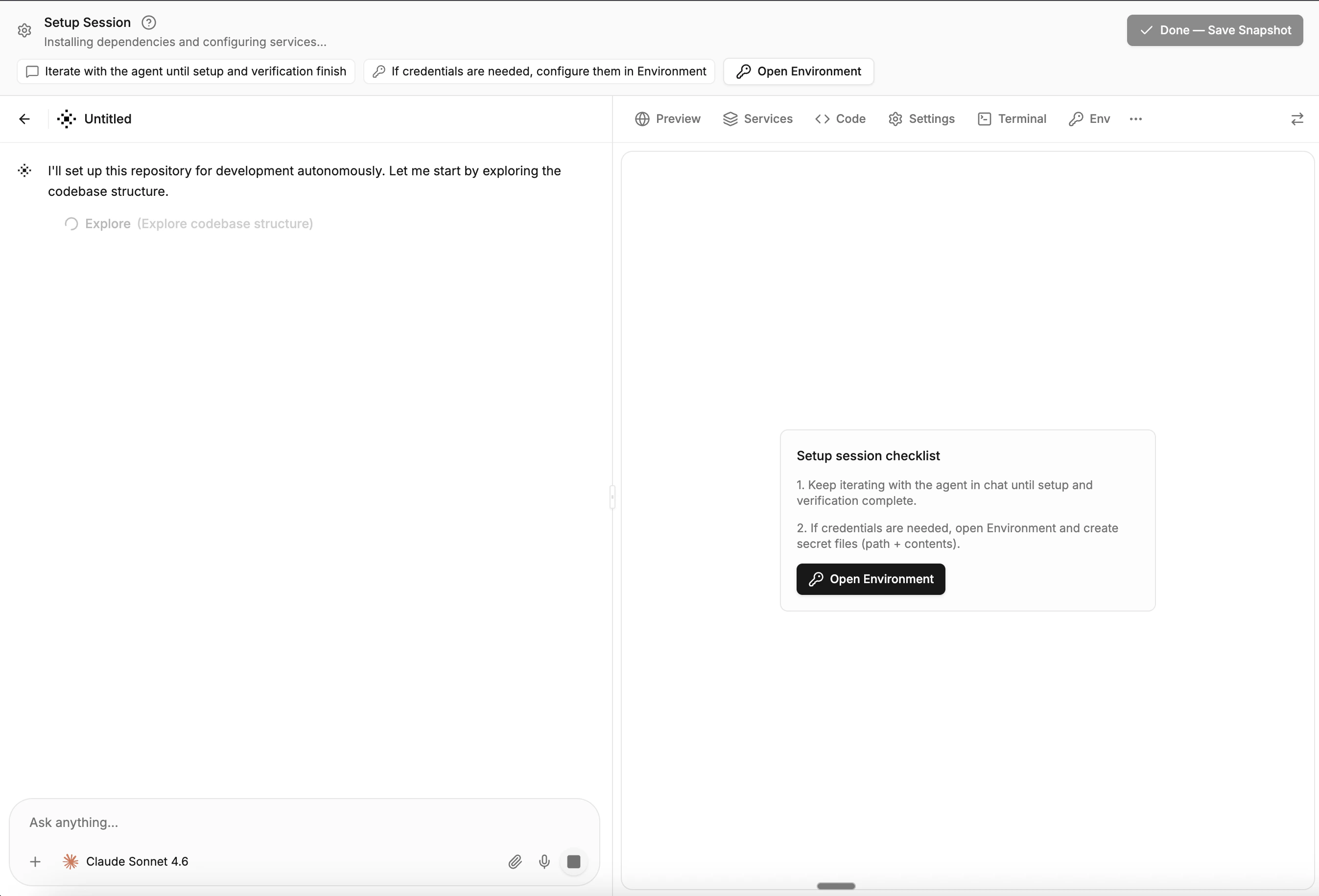Setup session with the agent configuring the environment.